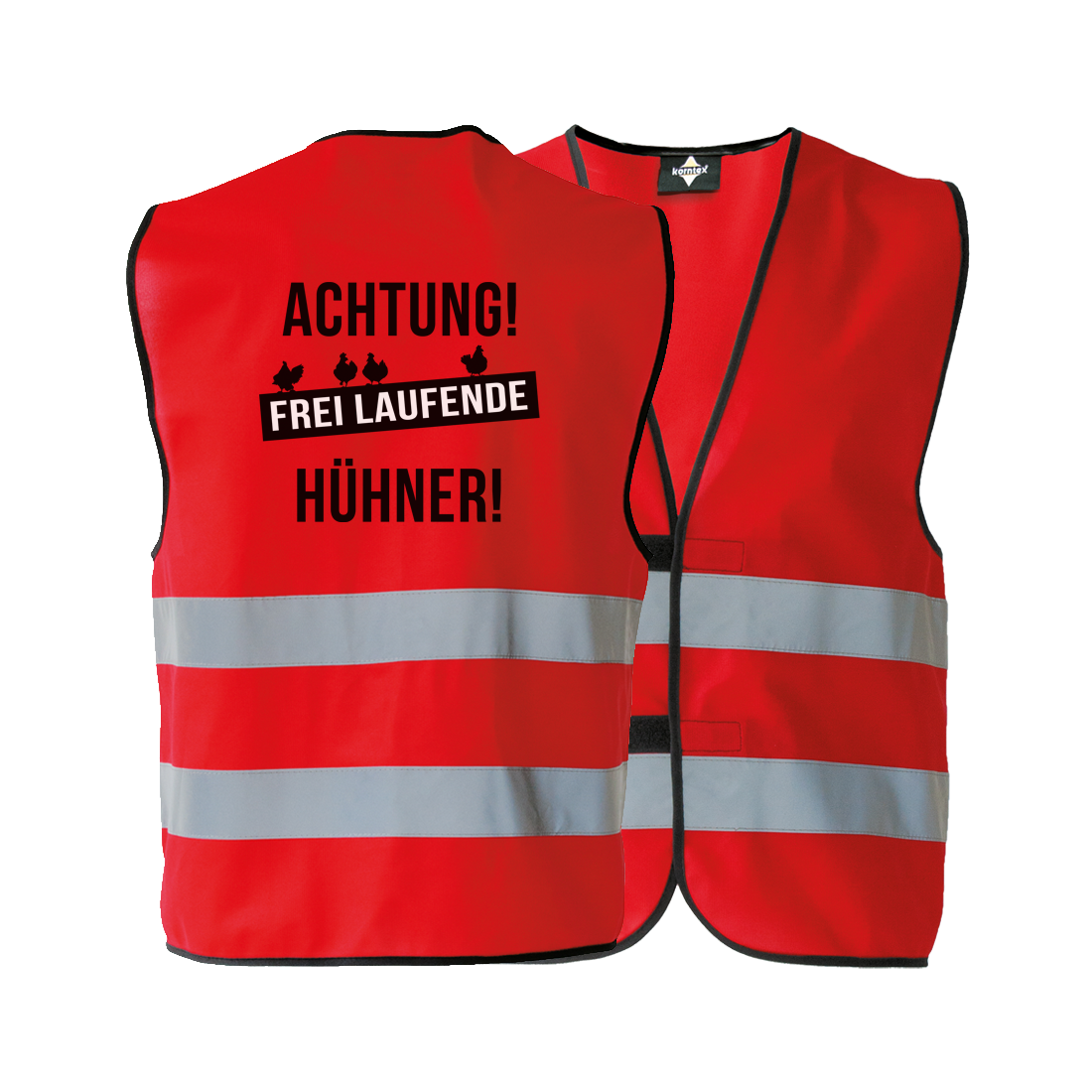 JGA Warnweste "Achtung! Frei laufende Hühner!" für Junggesellenabschiede; ideal für Frauen, die Spaß und Peinlichkeiten lieben; bietet eine einheitliche, auffällige Erscheinung in strahlenden Farben; kann über jedem Kleidungsstück getragen werden, flexibel und anpassbar; ausgestattet mit zwei Klettverschlüssen zur Größenverstellung und zwei breiten Reflektionsstreifen für Sicherheit; der provokante Schriftzug auf dem Rücken wird von vier kleinen Hühnern abgerundet; erhältlich in den Größen S bis 5XL; perfek