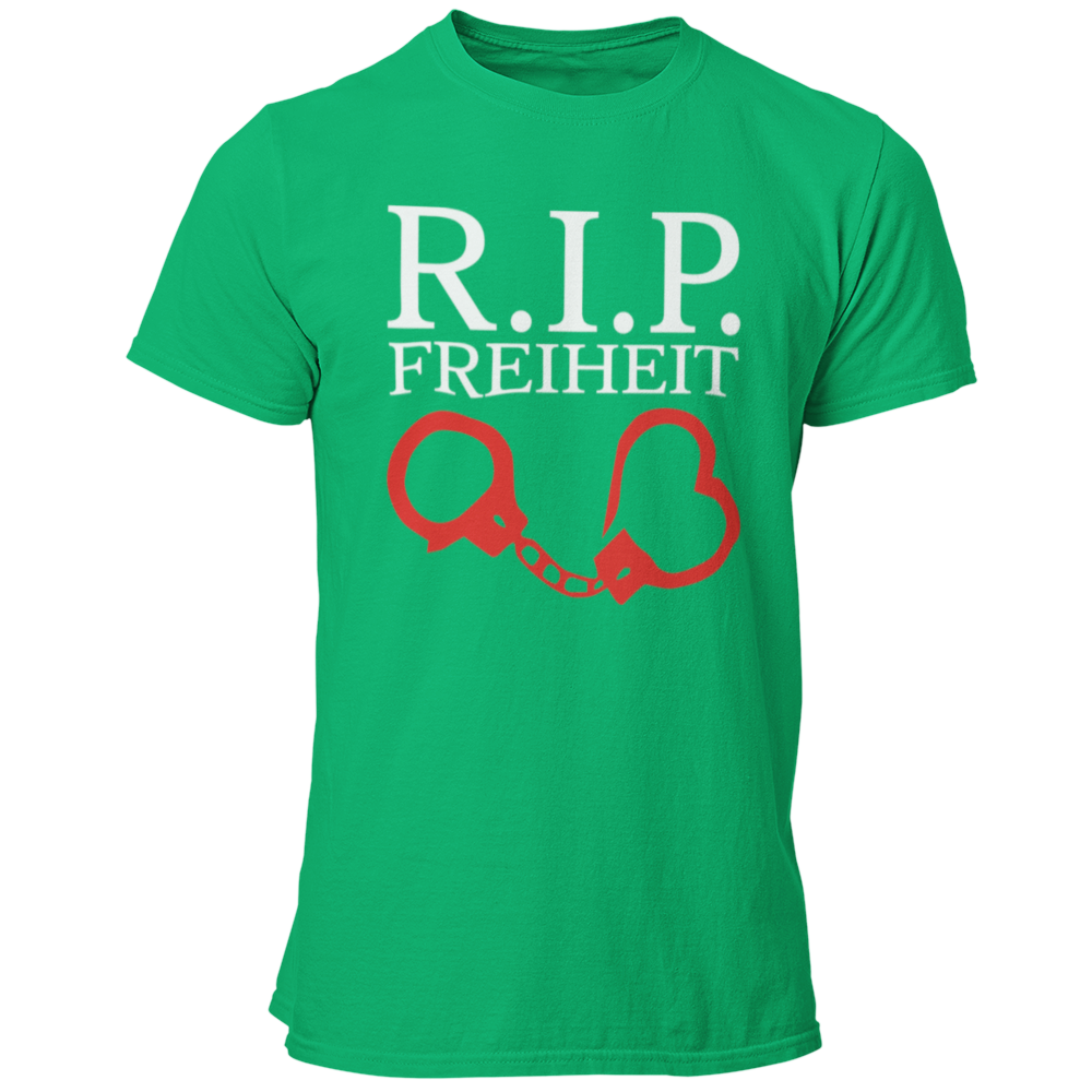 Das JGA T-Shirt „R.I.P Freiheit“ ist das perfekte Outfit für den Junggesellenabschied, denn es symbolisiert das Ende der ungebundenen Freiheit mit einem humorvollen Twist. Mit einem auffälligen, zweifarbigen Druck in Rot und Schwarz, der Handschellen und ein Herz zeigt, bringt es Spaß und Stil in die Feierlichkeiten. Dank der modischen Passform und der hochwertigen Verarbeitung wird dieses Shirt nicht nur während des JGA gerne getragen, sondern erinnert auch lange an die unvergesslichen Nächte mit Freunden!