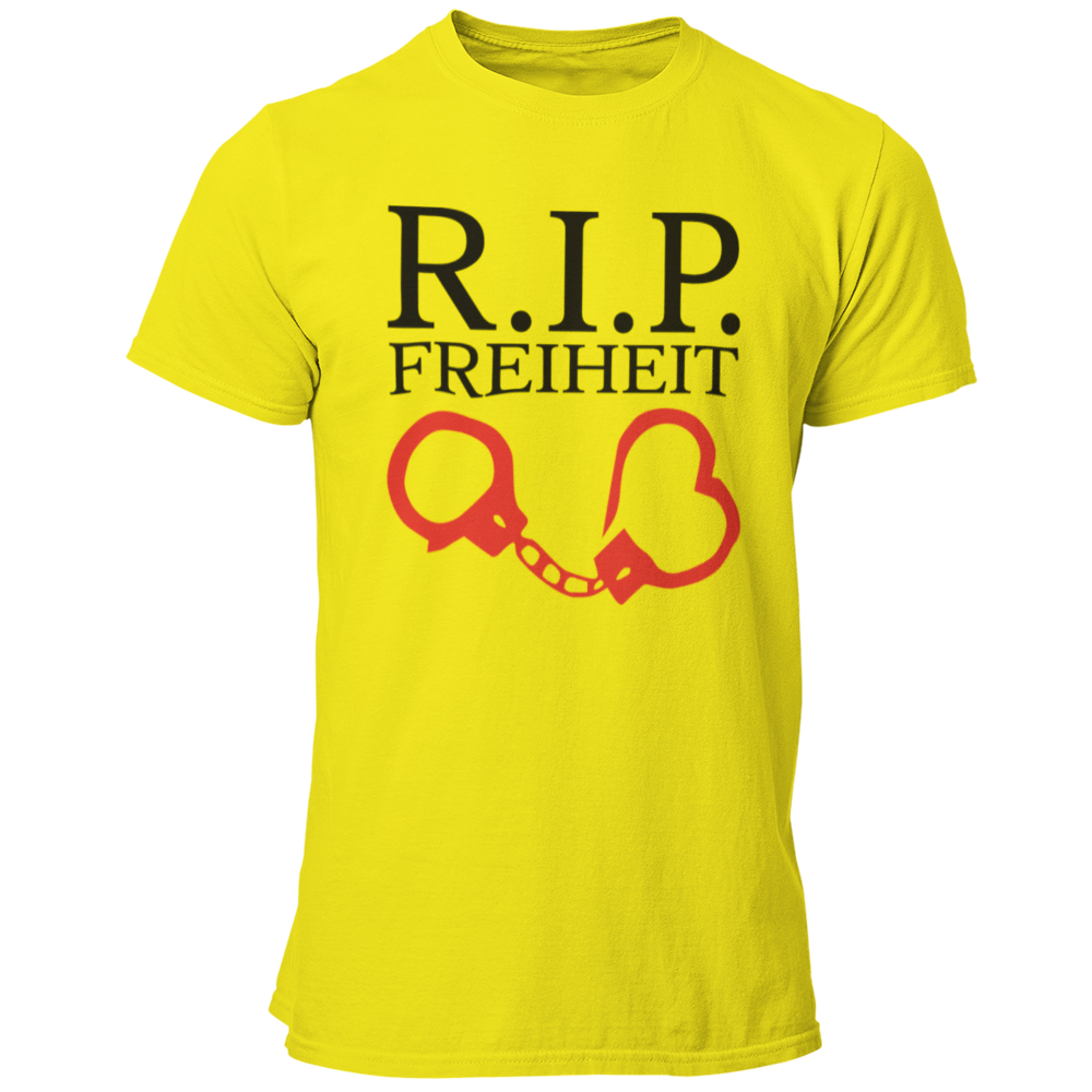 Das JGA T-Shirt „R.I.P Freiheit“ ist das perfekte Outfit für den Junggesellenabschied, denn es symbolisiert das Ende der ungebundenen Freiheit mit einem humorvollen Twist. Mit einem auffälligen, zweifarbigen Druck in Rot und Schwarz, der Handschellen und ein Herz zeigt, bringt es Spaß und Stil in die Feierlichkeiten. Dank der modischen Passform und der hochwertigen Verarbeitung wird dieses Shirt nicht nur während des JGA gerne getragen, sondern erinnert auch lange an die unvergesslichen Nächte mit Freunden!