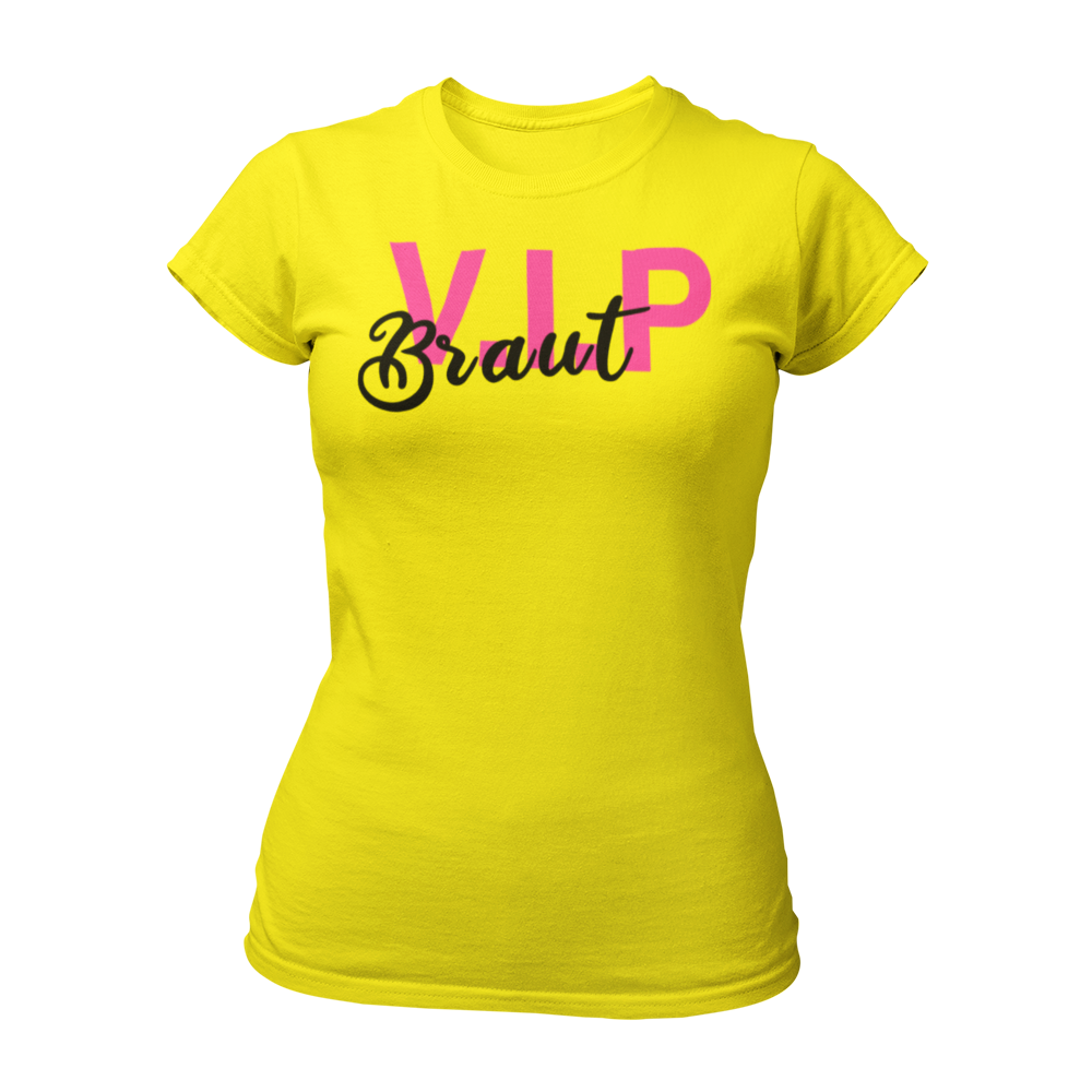 Stilvolles JGA T-Shirt „VIP Braut“ für Frauen, ideal für den Junggesellenabschied. Das stylische Design sorgt dafür, dass die Braut im Fokus steht, auch bei feucht-fröhlichen Feiern. Passende Accessoires für den Frauen JGA sind ebenfalls erhältlich.