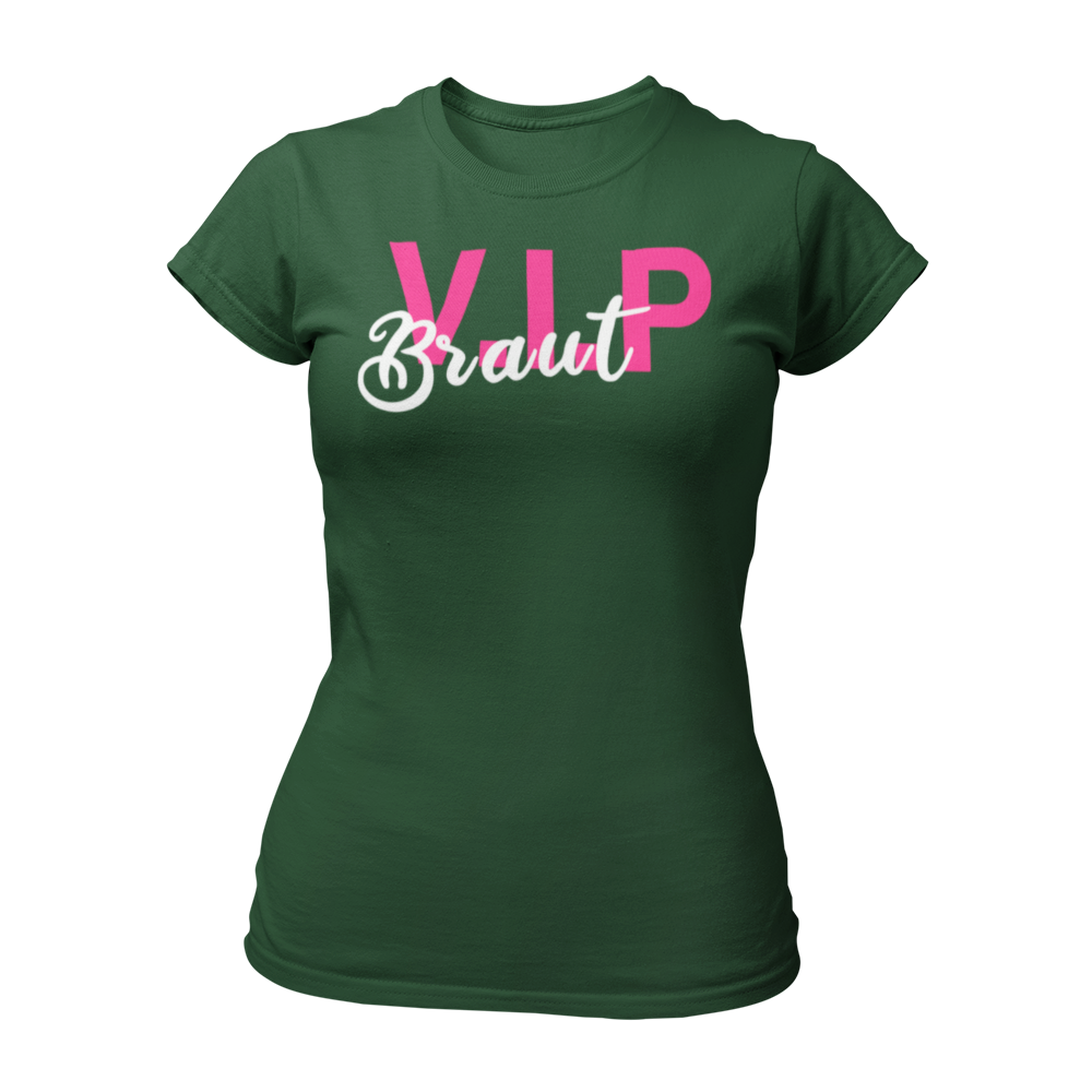 Stilvolles JGA T-Shirt „VIP Braut“ für Frauen, ideal für den Junggesellenabschied. Das stylische Design sorgt dafür, dass die Braut im Fokus steht, auch bei feucht-fröhlichen Feiern. Passende Accessoires für den Frauen JGA sind ebenfalls erhältlich.