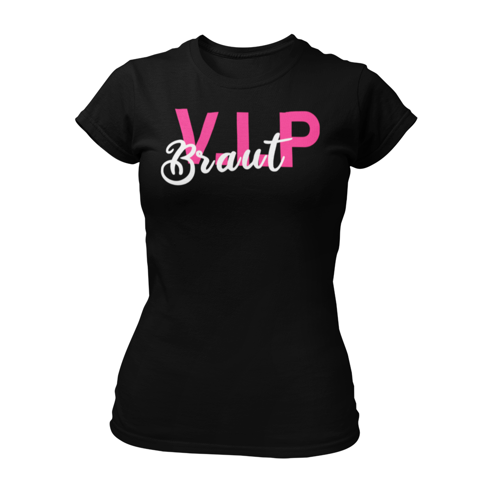 Stilvolles JGA T-Shirt „VIP Braut“ für Frauen, ideal für den Junggesellenabschied. Das stylische Design sorgt dafür, dass die Braut im Fokus steht, auch bei feucht-fröhlichen Feiern. Passende Accessoires für den Frauen JGA sind ebenfalls erhältlich.
