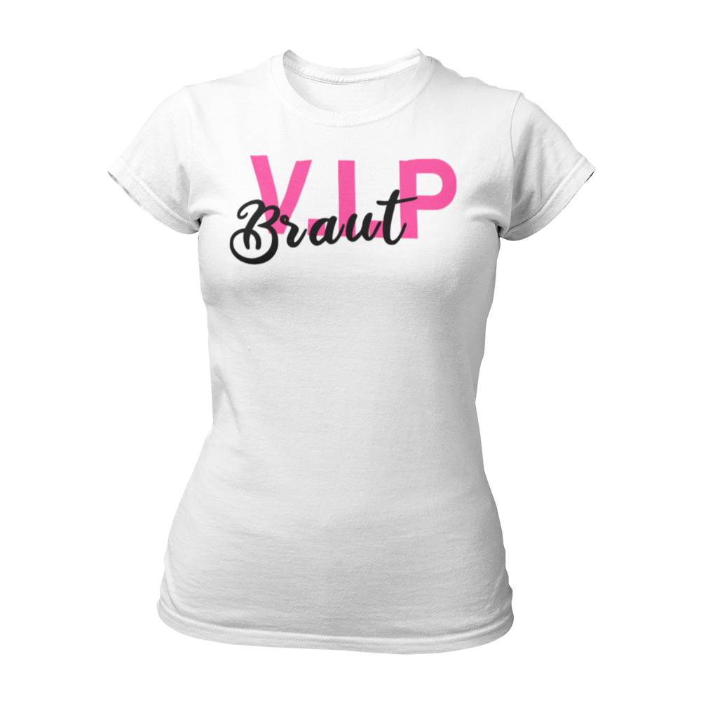 Stilvolles JGA T-Shirt „VIP Braut“ für Frauen, ideal für den Junggesellenabschied. Das stylische Design sorgt dafür, dass die Braut im Fokus steht, auch bei feucht-fröhlichen Feiern. Passende Accessoires für den Frauen JGA sind ebenfalls erhältlich.