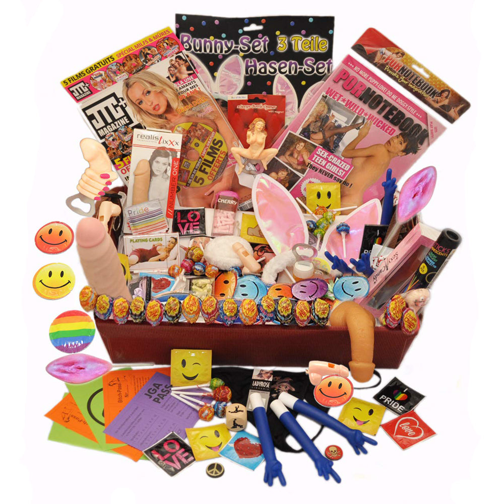Bauchladenfüllung "Männer Fun + Hardcore Edition" für den Junggesellenabschied, enthält Scherzartikel wie Knicklichter, lustige Kondome, Erotikartikel und vieles mehr – ideal für Männer, die Humor und Spaß lieben.