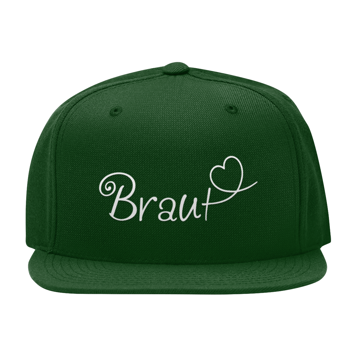 JGA Cap "Braut + Herz" mit flachem Schirm und vier gestickten Ösen. Die Kappe ist mit einer hochwertigen "Braut" Aufschrift in schöner Schnörkelschrift und einem Herzmotiv bedruckt. Der PVC-Verschluss auf der Rückseite ist größenverstellbar und die Cap ist in verschiedenen Farben erhältlich. Ideal für die Junggesellin, um als Frau des Abends erkennbar zu sein.