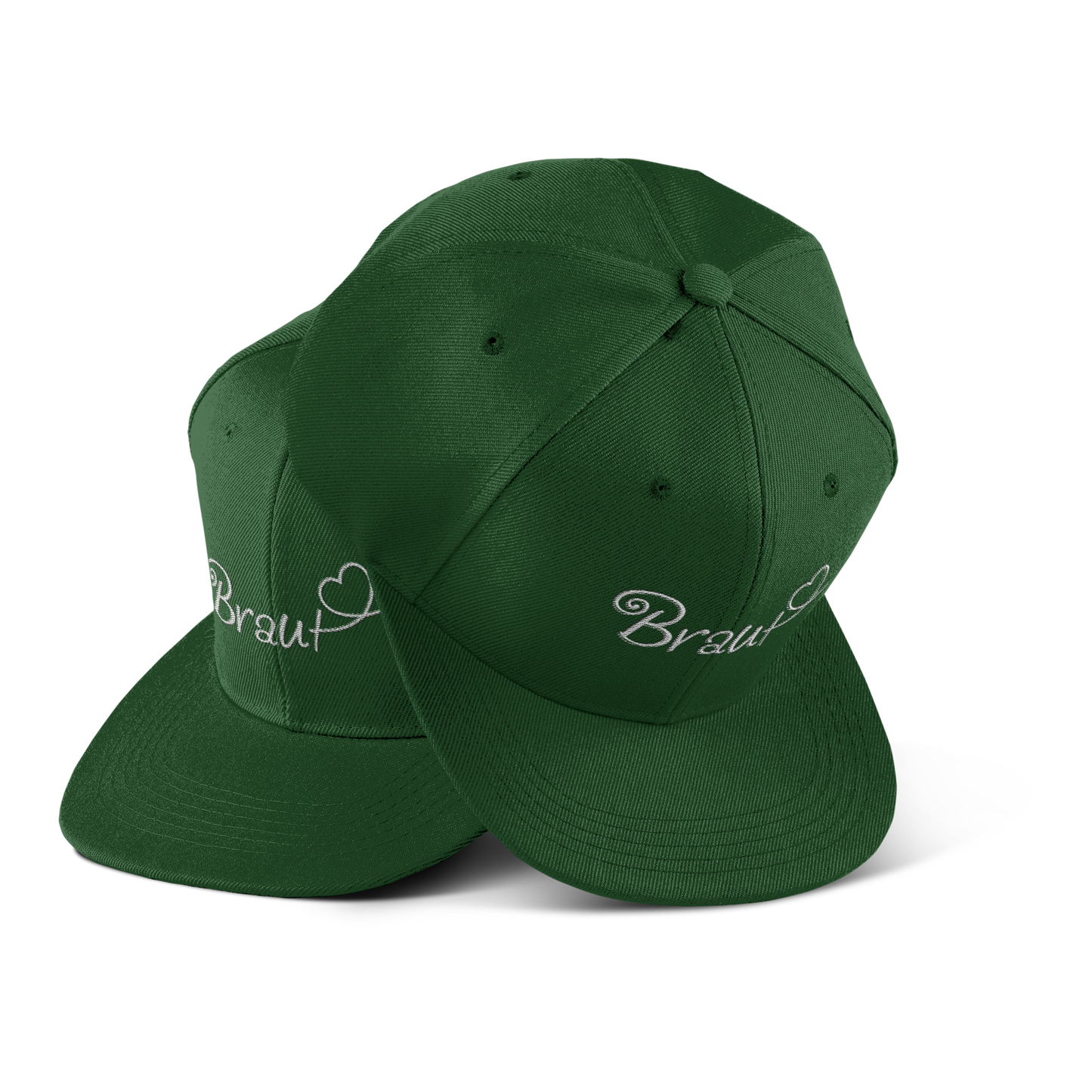 JGA Cap "Braut + Herz" mit flachem Schirm und vier gestickten Ösen. Die Kappe ist mit einer hochwertigen "Braut" Aufschrift in schöner Schnörkelschrift und einem Herzmotiv bedruckt. Der PVC-Verschluss auf der Rückseite ist größenverstellbar und die Cap ist in verschiedenen Farben erhältlich. Ideal für die Junggesellin, um als Frau des Abends erkennbar zu sein.