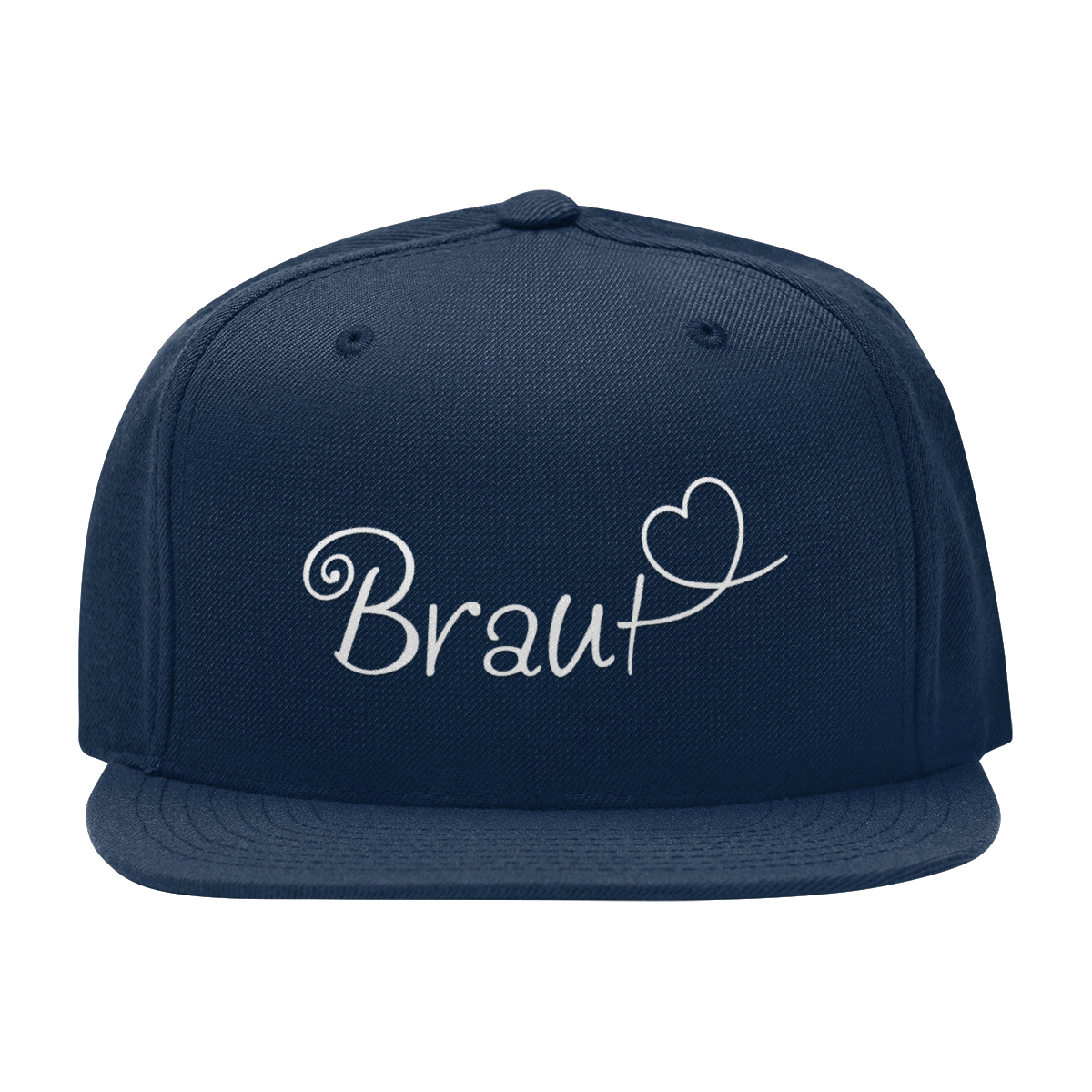 JGA Cap "Braut + Herz" mit flachem Schirm und vier gestickten Ösen. Die Kappe ist mit einer hochwertigen "Braut" Aufschrift in schöner Schnörkelschrift und einem Herzmotiv bedruckt. Der PVC-Verschluss auf der Rückseite ist größenverstellbar und die Cap ist in verschiedenen Farben erhältlich. Ideal für die Junggesellin, um als Frau des Abends erkennbar zu sein.