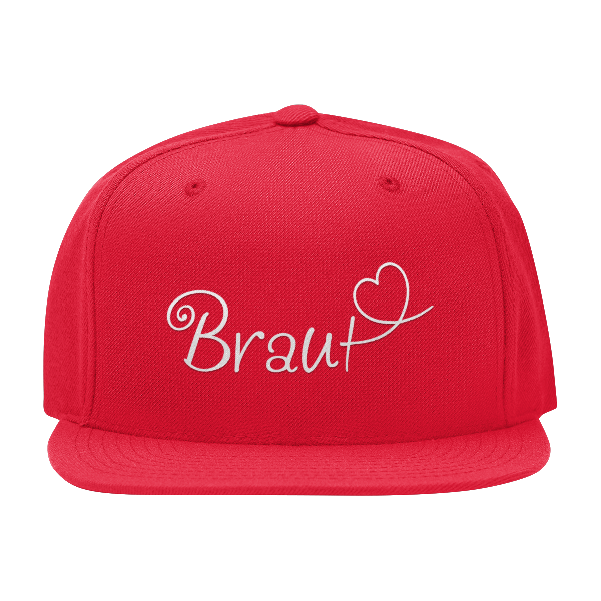 JGA Cap "Braut + Herz" mit flachem Schirm und vier gestickten Ösen. Die Kappe ist mit einer hochwertigen "Braut" Aufschrift in schöner Schnörkelschrift und einem Herzmotiv bedruckt. Der PVC-Verschluss auf der Rückseite ist größenverstellbar und die Cap ist in verschiedenen Farben erhältlich. Ideal für die Junggesellin, um als Frau des Abends erkennbar zu sein.