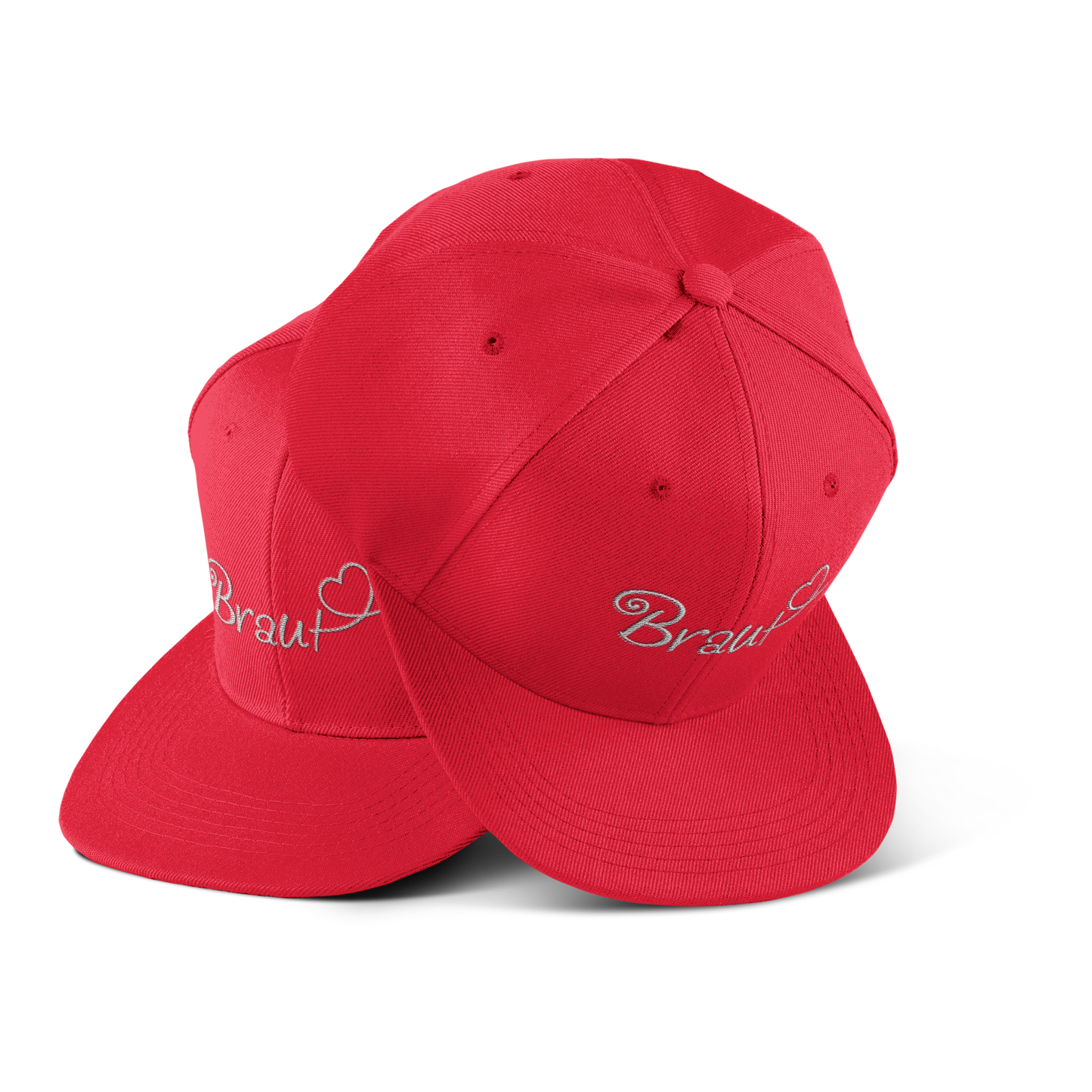 JGA Cap "Braut + Herz" mit flachem Schirm und vier gestickten Ösen. Die Kappe ist mit einer hochwertigen "Braut" Aufschrift in schöner Schnörkelschrift und einem Herzmotiv bedruckt. Der PVC-Verschluss auf der Rückseite ist größenverstellbar und die Cap ist in verschiedenen Farben erhältlich. Ideal für die Junggesellin, um als Frau des Abends erkennbar zu sein.