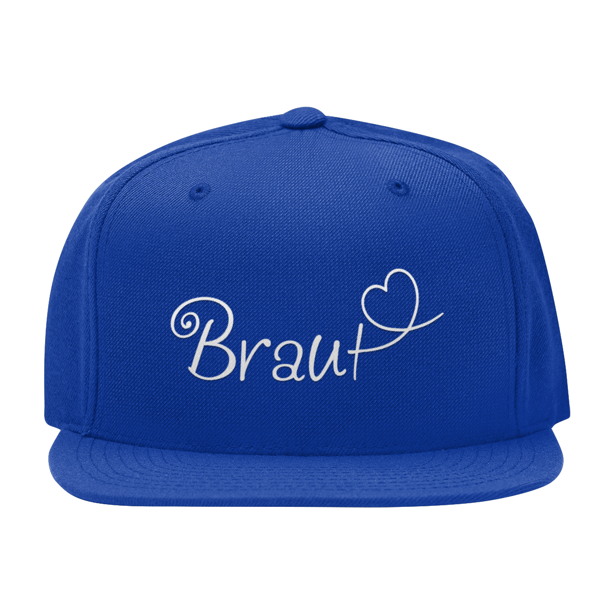 JGA Cap "Braut + Herz" mit flachem Schirm und vier gestickten Ösen. Die Kappe ist mit einer hochwertigen "Braut" Aufschrift in schöner Schnörkelschrift und einem Herzmotiv bedruckt. Der PVC-Verschluss auf der Rückseite ist größenverstellbar und die Cap ist in verschiedenen Farben erhältlich. Ideal für die Junggesellin, um als Frau des Abends erkennbar zu sein.