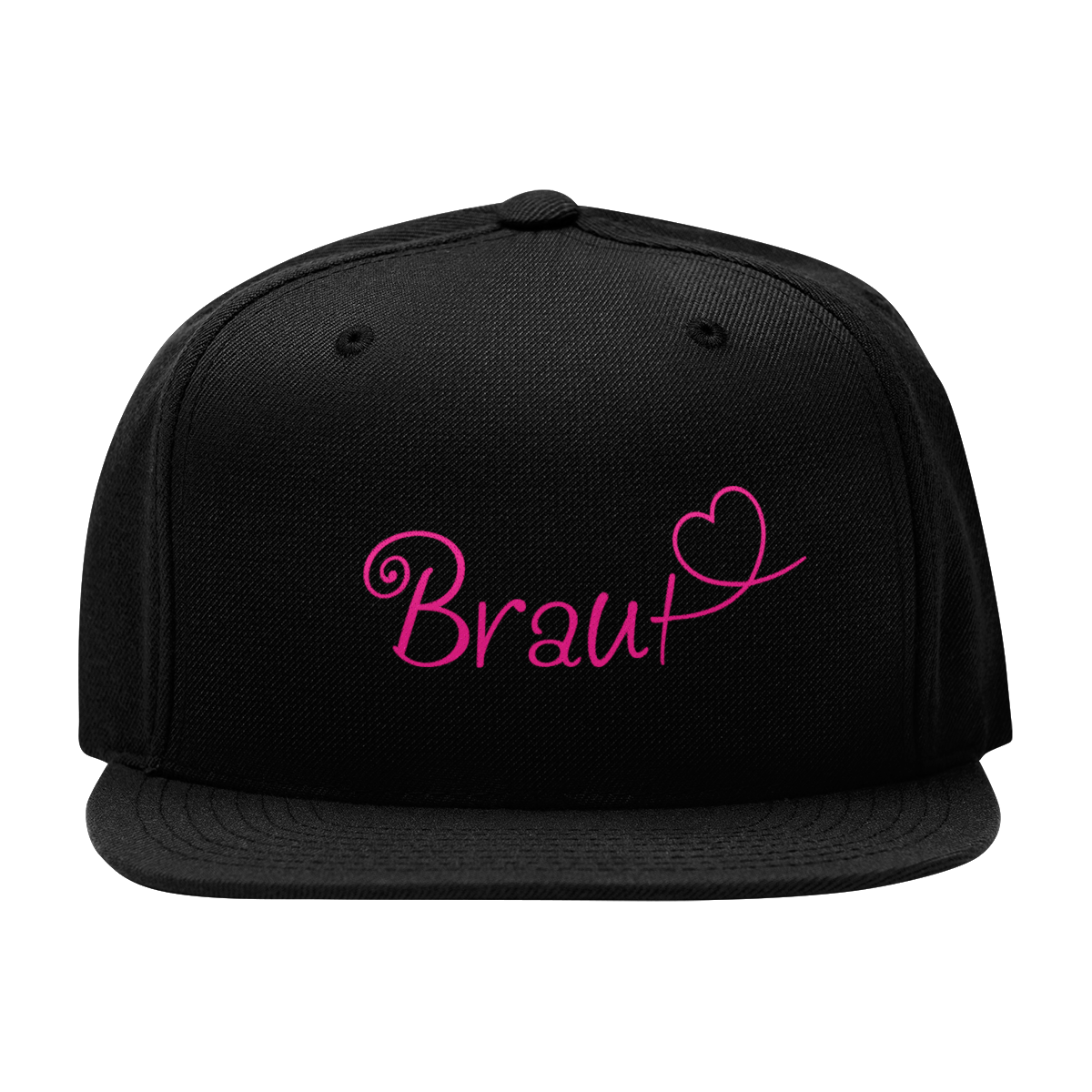 JGA Cap "Braut + Herz" mit flachem Schirm und vier gestickten Ösen. Die Kappe ist mit einer hochwertigen "Braut" Aufschrift in schöner Schnörkelschrift und einem Herzmotiv bedruckt. Der PVC-Verschluss auf der Rückseite ist größenverstellbar und die Cap ist in verschiedenen Farben erhältlich. Ideal für die Junggesellin, um als Frau des Abends erkennbar zu sein.