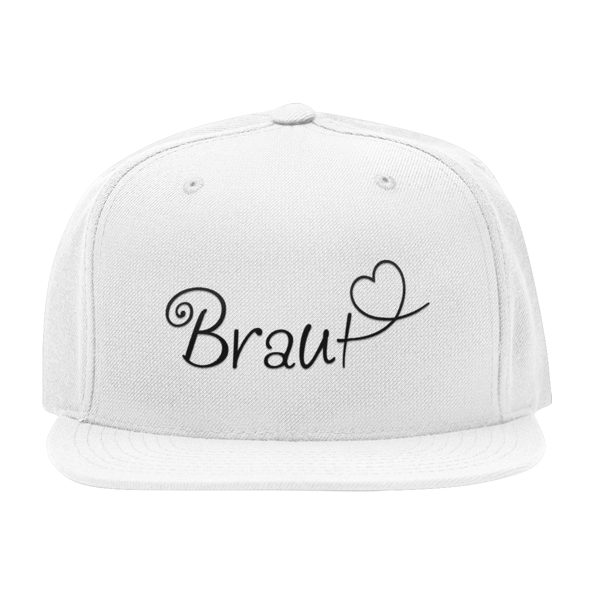 JGA Cap "Braut + Herz" mit flachem Schirm und vier gestickten Ösen. Die Kappe ist mit einer hochwertigen "Braut" Aufschrift in schöner Schnörkelschrift und einem Herzmotiv bedruckt. Der PVC-Verschluss auf der Rückseite ist größenverstellbar und die Cap ist in verschiedenen Farben erhältlich. Ideal für die Junggesellin, um als Frau des Abends erkennbar zu sein.