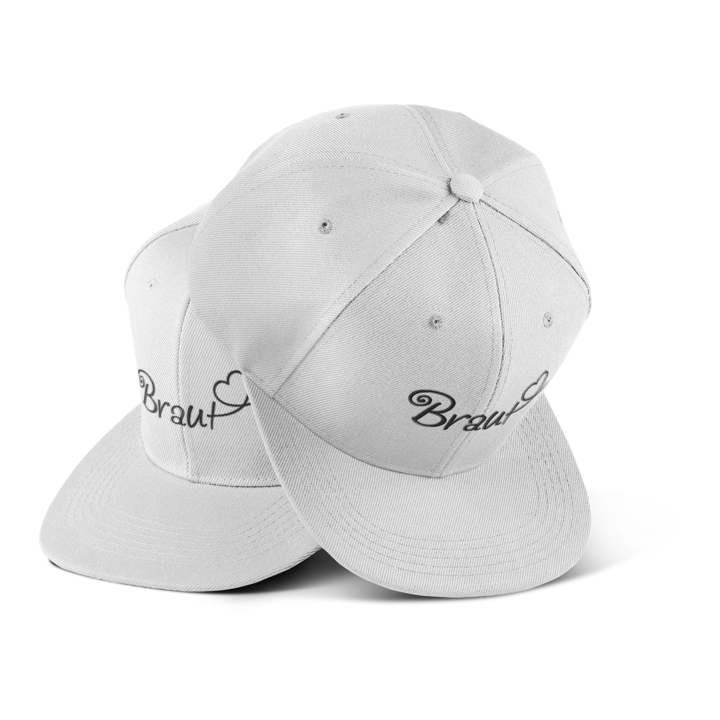 JGA Cap "Braut + Herz" mit flachem Schirm und vier gestickten Ösen. Die Kappe ist mit einer hochwertigen "Braut" Aufschrift in schöner Schnörkelschrift und einem Herzmotiv bedruckt. Der PVC-Verschluss auf der Rückseite ist größenverstellbar und die Cap ist in verschiedenen Farben erhältlich. Ideal für die Junggesellin, um als Frau des Abends erkennbar zu sein.