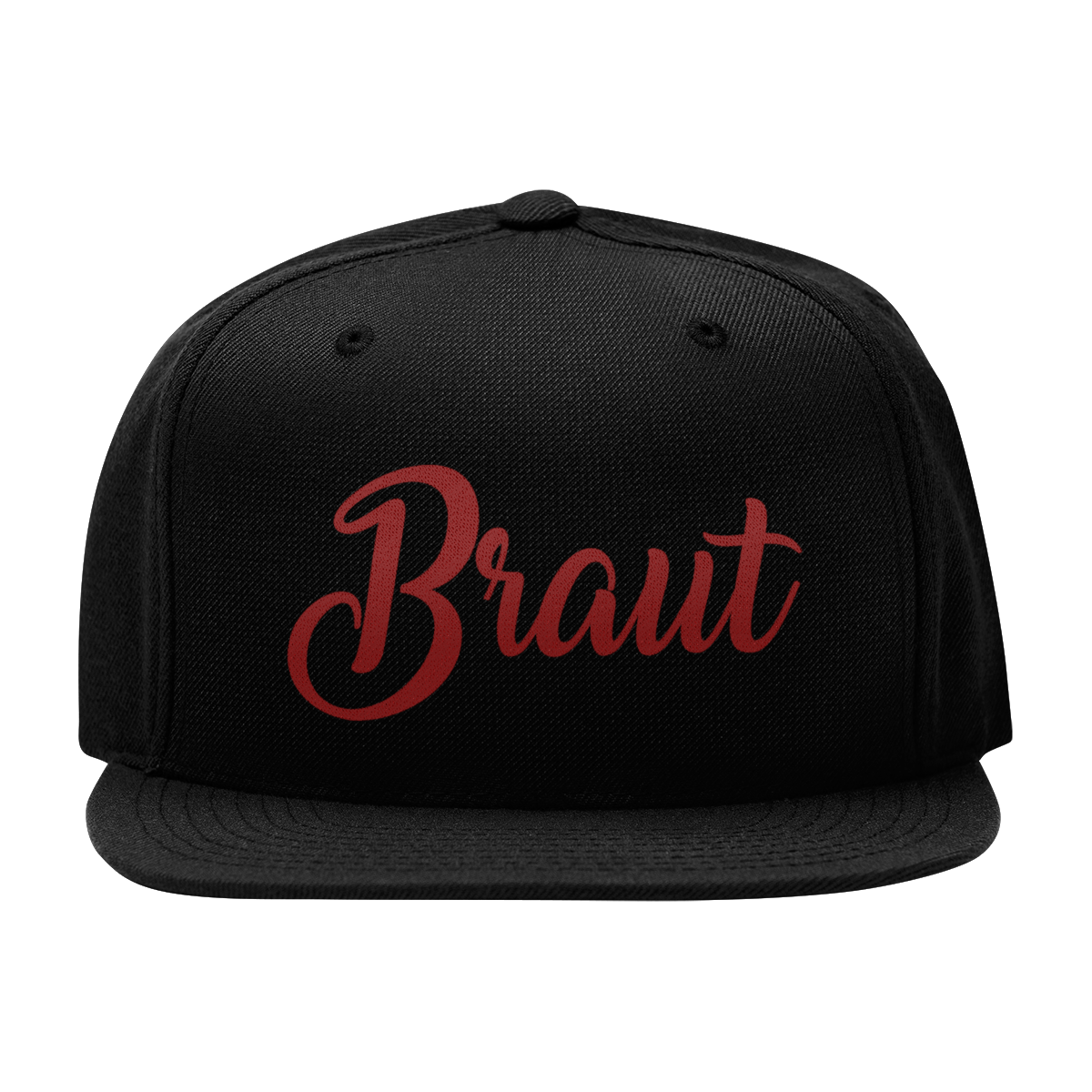 JGA Cap „Braut“ mit flachem Schirm und rotem „Braut“ Schriftzug auf der Vorderseite. Die Kappe hat vier gestickte Ösen für Belüftung und einen größenverstellbaren PVC-Verschluss auf der Rückseite.