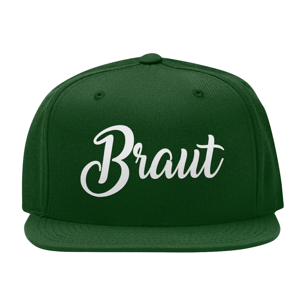 JGA Cap „Braut“ mit flachem Schirm und rotem „Braut“ Schriftzug auf der Vorderseite. Die Kappe hat vier gestickte Ösen für Belüftung und einen größenverstellbaren PVC-Verschluss auf der Rückseite.