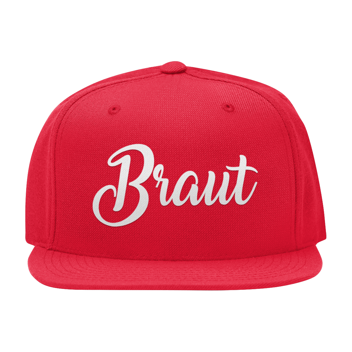 JGA Cap „Braut“ mit flachem Schirm und rotem „Braut“ Schriftzug auf der Vorderseite. Die Kappe hat vier gestickte Ösen für Belüftung und einen größenverstellbaren PVC-Verschluss auf der Rückseite.