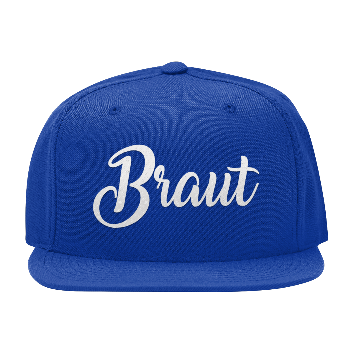 JGA Cap „Braut“ mit flachem Schirm und rotem „Braut“ Schriftzug auf der Vorderseite. Die Kappe hat vier gestickte Ösen für Belüftung und einen größenverstellbaren PVC-Verschluss auf der Rückseite.
