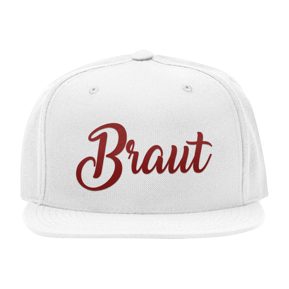 JGA Cap „Braut“ mit flachem Schirm und rotem „Braut“ Schriftzug auf der Vorderseite. Die Kappe hat vier gestickte Ösen für Belüftung und einen größenverstellbaren PVC-Verschluss auf der Rückseite.