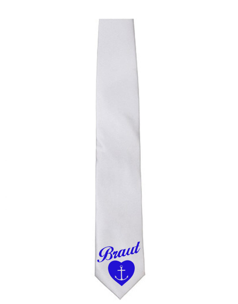Elegante JGA Krawatte "Braut Anker" mit einem stilvollen Aufdruck von einem Anker im Herz und der Aufschrift "Braut". Ideal für die Hauptperson des Junggesellinnenabschieds, um den Abend schicker zu feiern. Erhältlich in den Farben schwarz, weiß, pink und rot. Ein symbolisches Accessoire, das die Verbindung zur Ehe feiert.