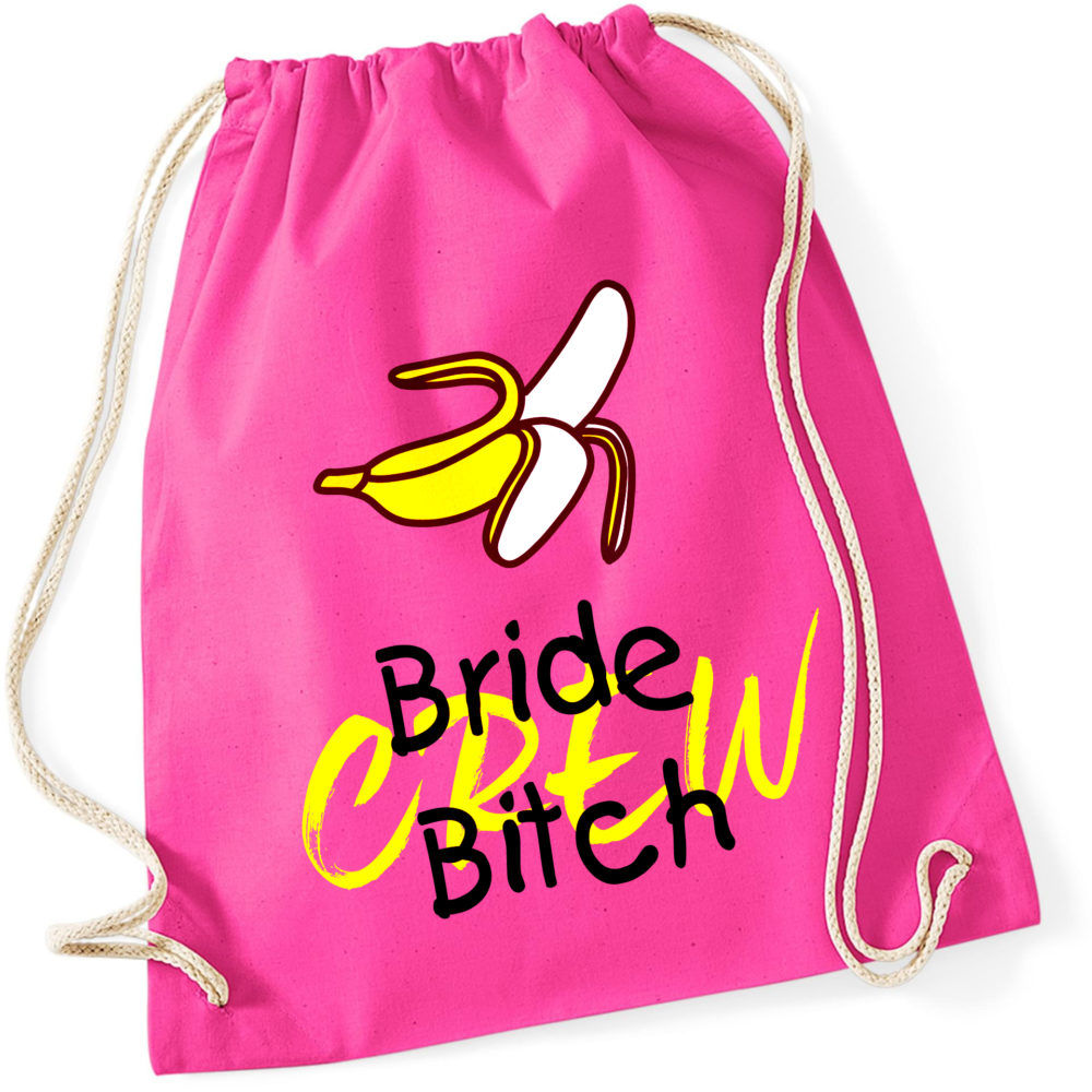 JGA Beutel "Bride Bitch Crew" in leuchtenden Farben mit ausgepackter Banane und Schriftzug. Er hat ein Fassungsvermögen von 12 Litern und eignet sich ideal zur Aufbewahrung von Utensilien, Spielen und Accessoires am Junggesellenabschied. Verfügbar in orange, pink, schwarz, weiß und türkis.