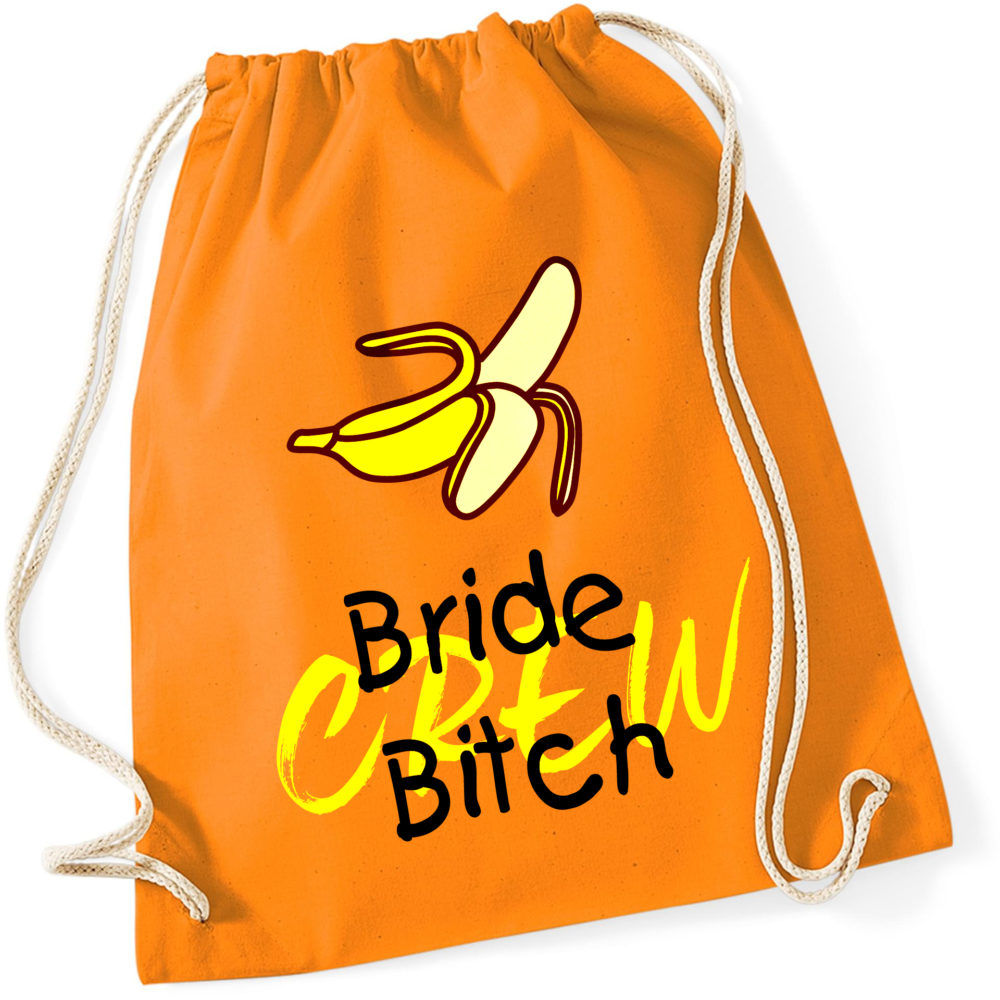 JGA Beutel "Bride Bitch Crew" in leuchtenden Farben mit ausgepackter Banane und Schriftzug. Er hat ein Fassungsvermögen von 12 Litern und eignet sich ideal zur Aufbewahrung von Utensilien, Spielen und Accessoires am Junggesellenabschied. Verfügbar in orange, pink, schwarz, weiß und türkis.