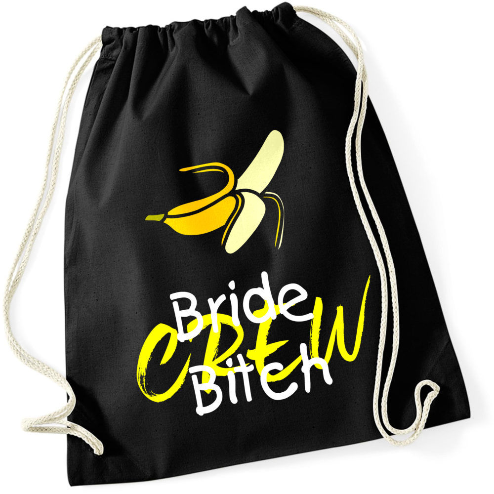 JGA Beutel "Bride Bitch Crew" in leuchtenden Farben mit ausgepackter Banane und Schriftzug. Er hat ein Fassungsvermögen von 12 Litern und eignet sich ideal zur Aufbewahrung von Utensilien, Spielen und Accessoires am Junggesellenabschied. Verfügbar in orange, pink, schwarz, weiß und türkis.