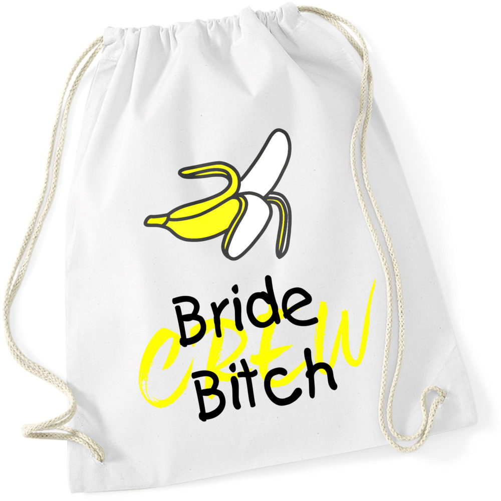 JGA Beutel "Bride Bitch Crew" in leuchtenden Farben mit ausgepackter Banane und Schriftzug. Er hat ein Fassungsvermögen von 12 Litern und eignet sich ideal zur Aufbewahrung von Utensilien, Spielen und Accessoires am Junggesellenabschied. Verfügbar in orange, pink, schwarz, weiß und türkis.