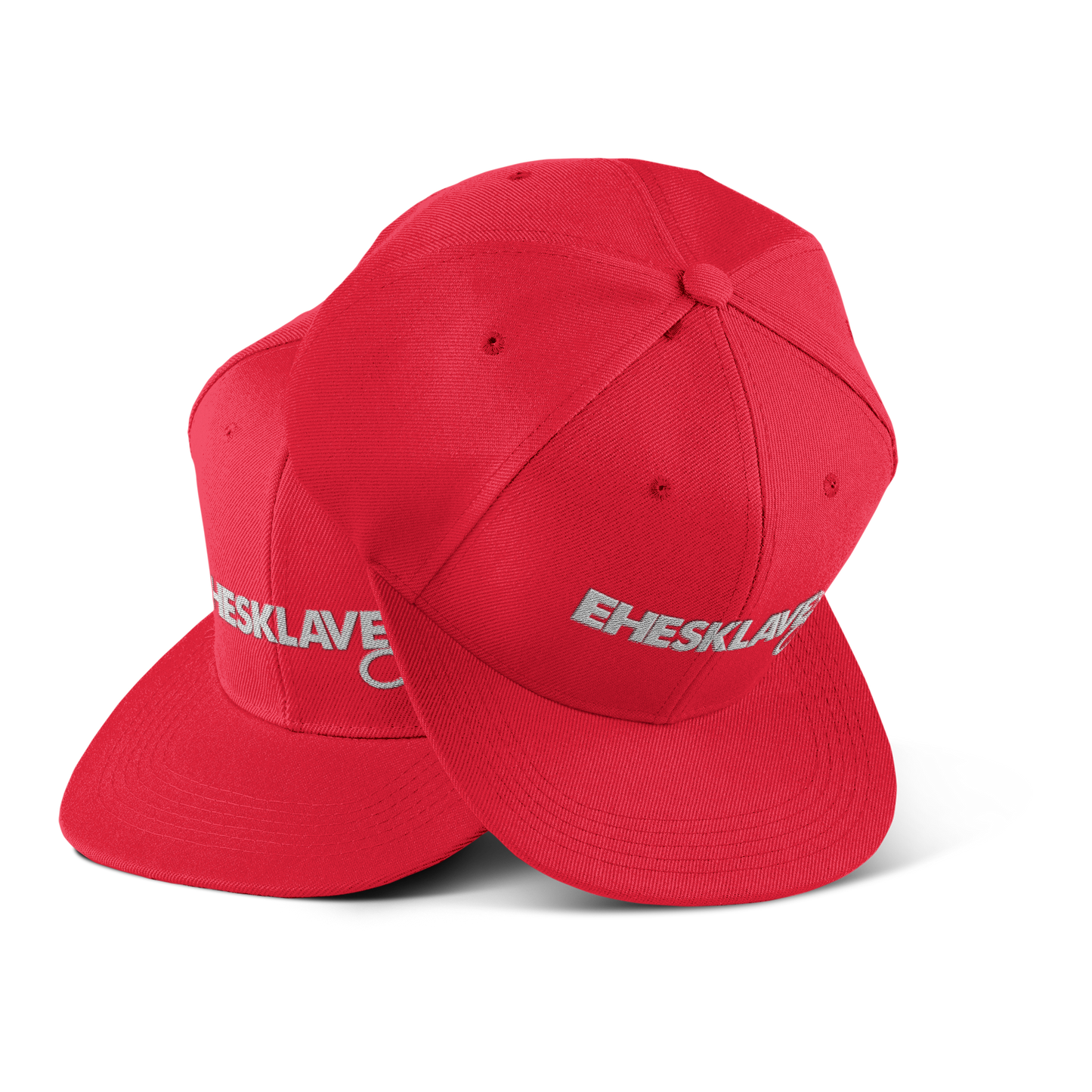 Premium Cap mit flachem Schirm, bedruckt mit dem Schriftzug „Ehesklave“, größenverstellbar mit PVC-Verschluss, vier gestickte Ösen für Belüftung.