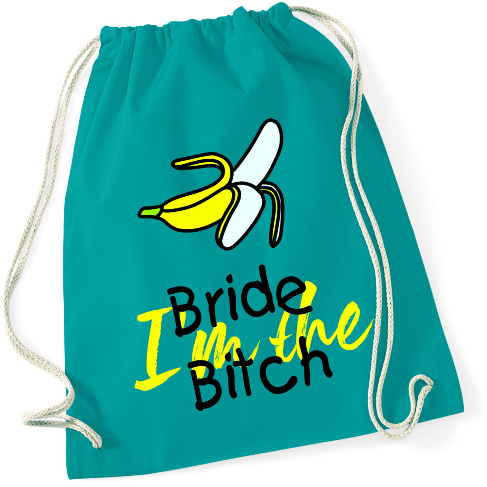 JGA Beutel "I’m Bride Bitch" in lebhaften Farben, ideal für Junggesellenabschiede. Der Beutel hat ein Volumen von etwa 12 Litern und eignet sich zur Aufbewahrung von Zubehör, Accessoires und Spielen. Er ist Teil einer Serie, die auch passende Shirts und Taschen umfasst.