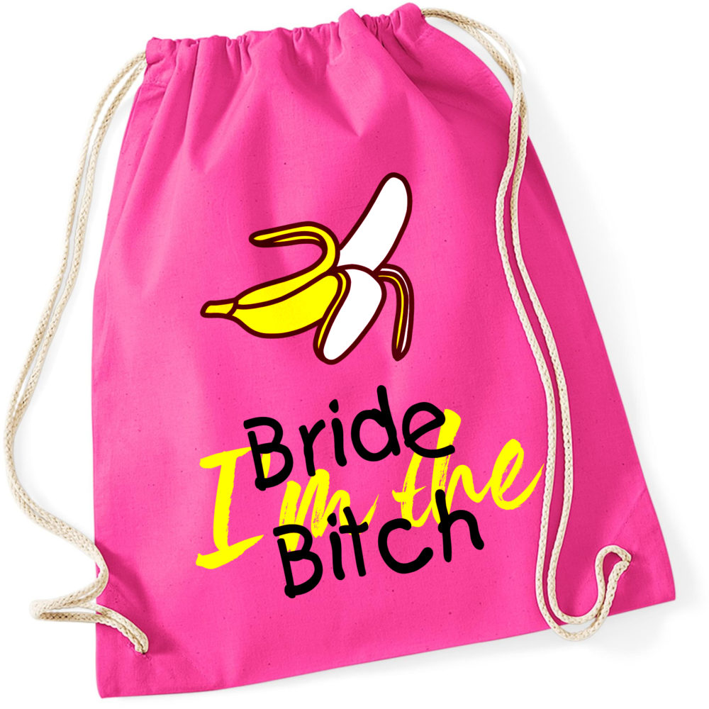 JGA Beutel "I’m Bride Bitch" in lebhaften Farben, ideal für Junggesellenabschiede. Der Beutel hat ein Volumen von etwa 12 Litern und eignet sich zur Aufbewahrung von Zubehör, Accessoires und Spielen. Er ist Teil einer Serie, die auch passende Shirts und Taschen umfasst.