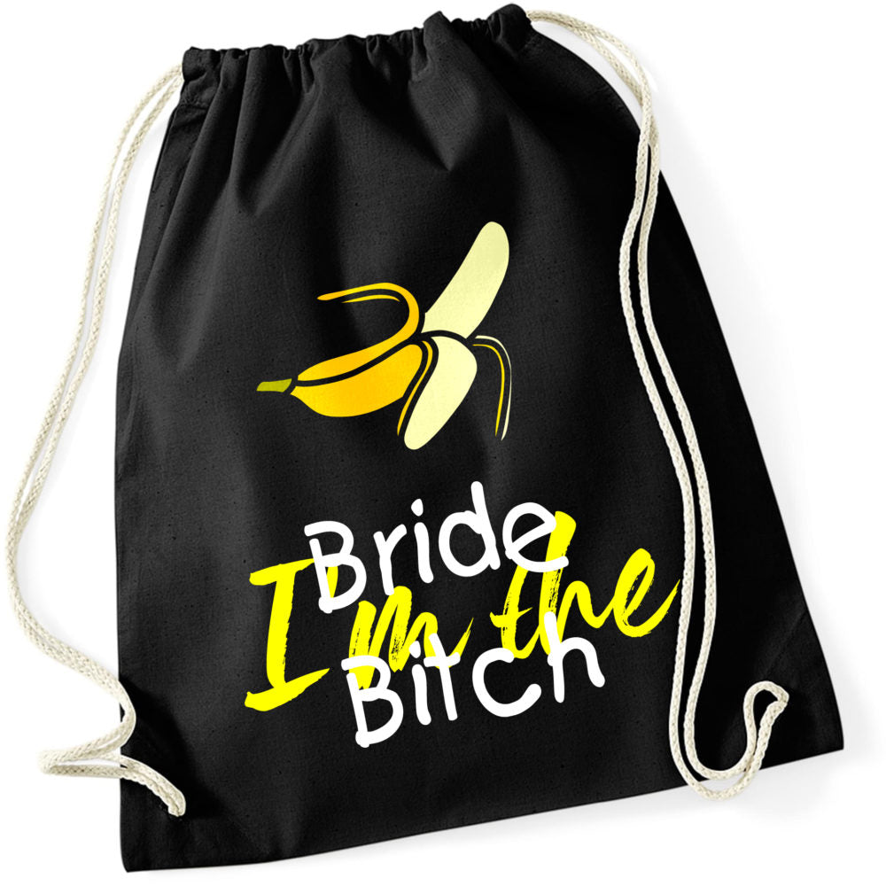 JGA Beutel "I’m Bride Bitch" in lebhaften Farben, ideal für Junggesellenabschiede. Der Beutel hat ein Volumen von etwa 12 Litern und eignet sich zur Aufbewahrung von Zubehör, Accessoires und Spielen. Er ist Teil einer Serie, die auch passende Shirts und Taschen umfasst.