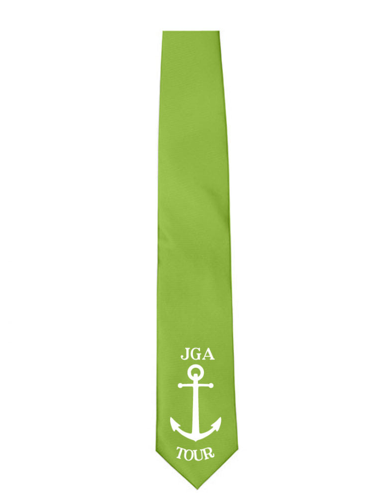 Krawatte mit maritimem Motiv für den Junggesellenabschied, beschriftet mit „JGA“ in Großbuchstaben über einem soliden Anker. Erhältlich in den Farben helles Grün, Schwarz, Rot und Blau, geeignet für Männer und Frauen.