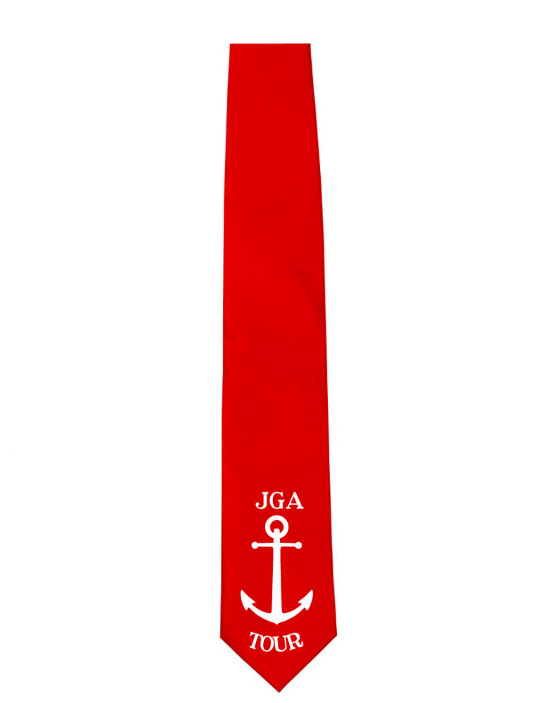 Krawatte mit maritimem Motiv für den Junggesellenabschied, beschriftet mit „JGA“ in Großbuchstaben über einem soliden Anker. Erhältlich in den Farben helles Grün, Schwarz, Rot und Blau, geeignet für Männer und Frauen.