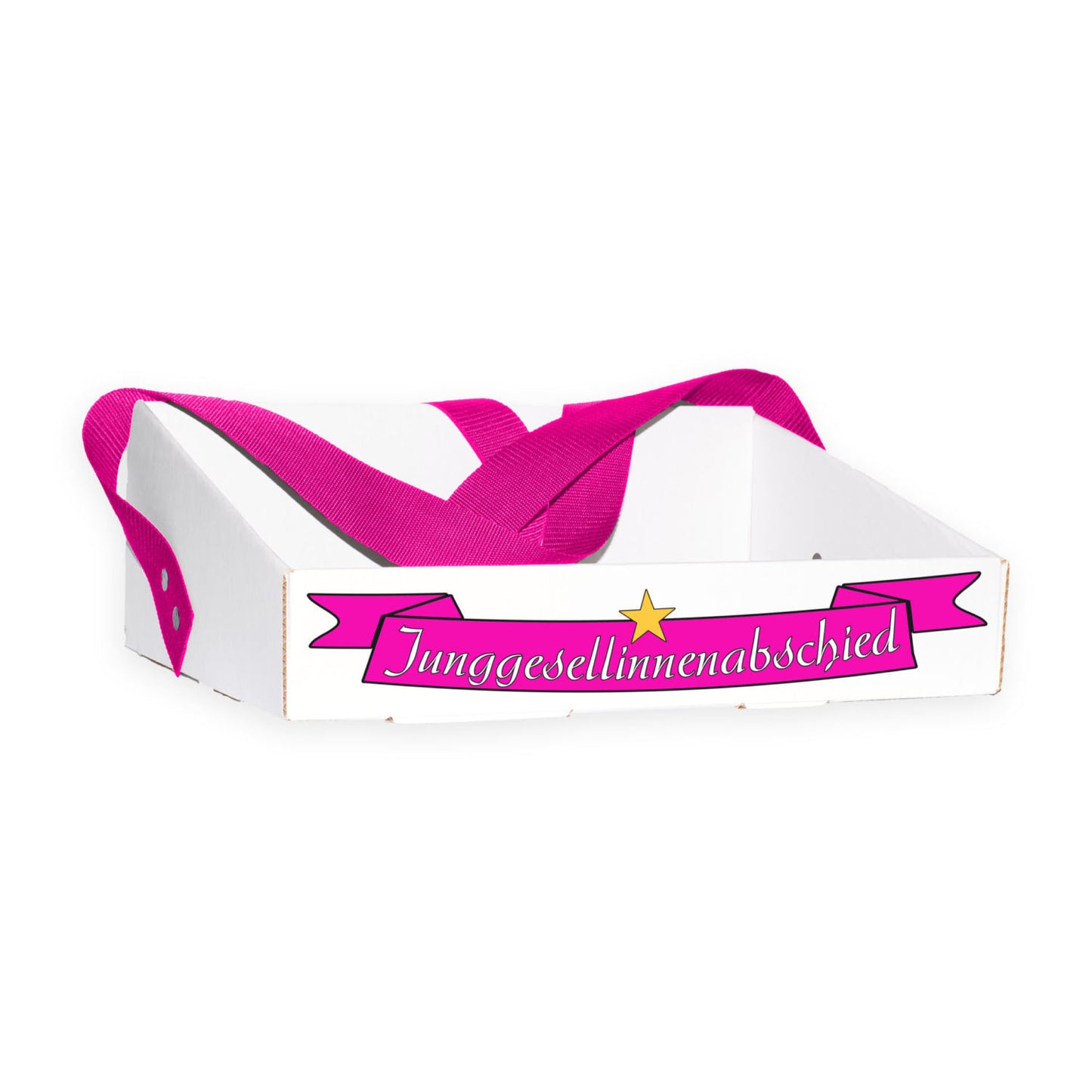 Bauchladen Banner für Junggesellinnenabschiede, pink mit dem Schriftzug „Junggesellinnenabschied“ und goldenem Stern. Hergestellt aus dicker Pappe mit stabiler Falttechnik, designed für hohen Tragekomfort und langlebig. Perfektes Accessoire für unvergessliche Feiern.