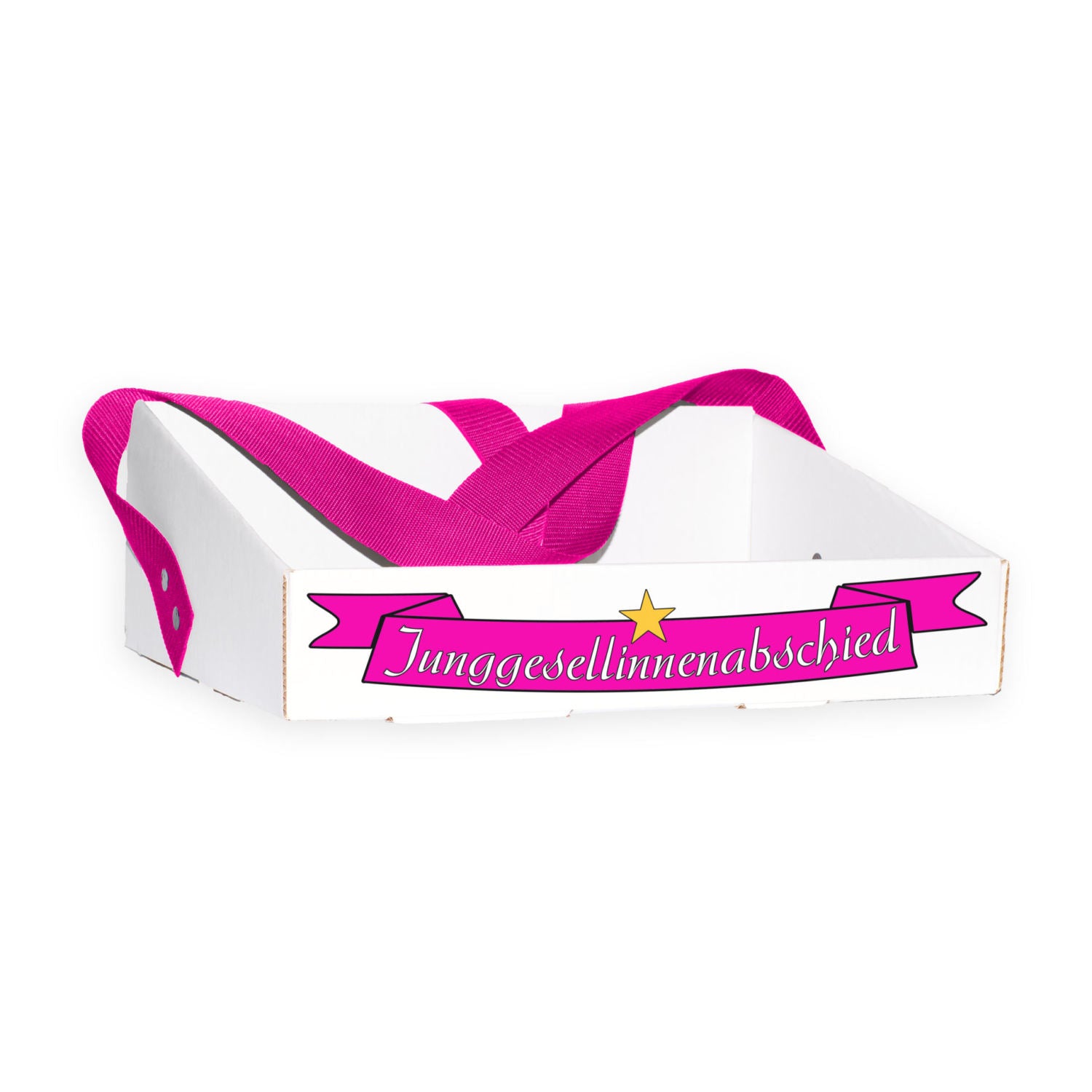 Bauchladen Banner für Junggesellinnenabschiede, pink mit dem Schriftzug „Junggesellinnenabschied“ und goldenem Stern. Hergestellt aus dicker Pappe mit stabiler Falttechnik, designed für hohen Tragekomfort und langlebig. Perfektes Accessoire für unvergessliche Feiern.