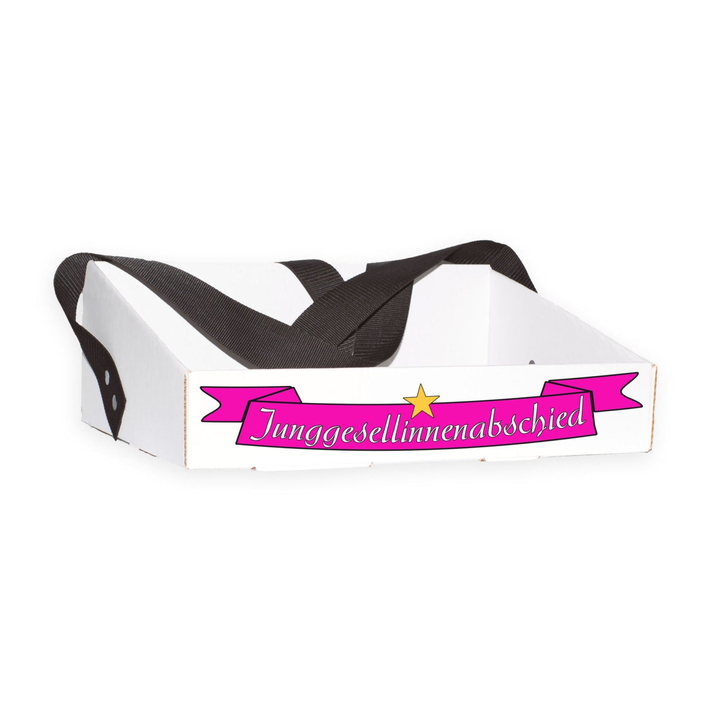 Bauchladen Banner für Junggesellinnenabschiede, pink mit dem Schriftzug „Junggesellinnenabschied“ und goldenem Stern. Hergestellt aus dicker Pappe mit stabiler Falttechnik, designed für hohen Tragekomfort und langlebig. Perfektes Accessoire für unvergessliche Feiern.