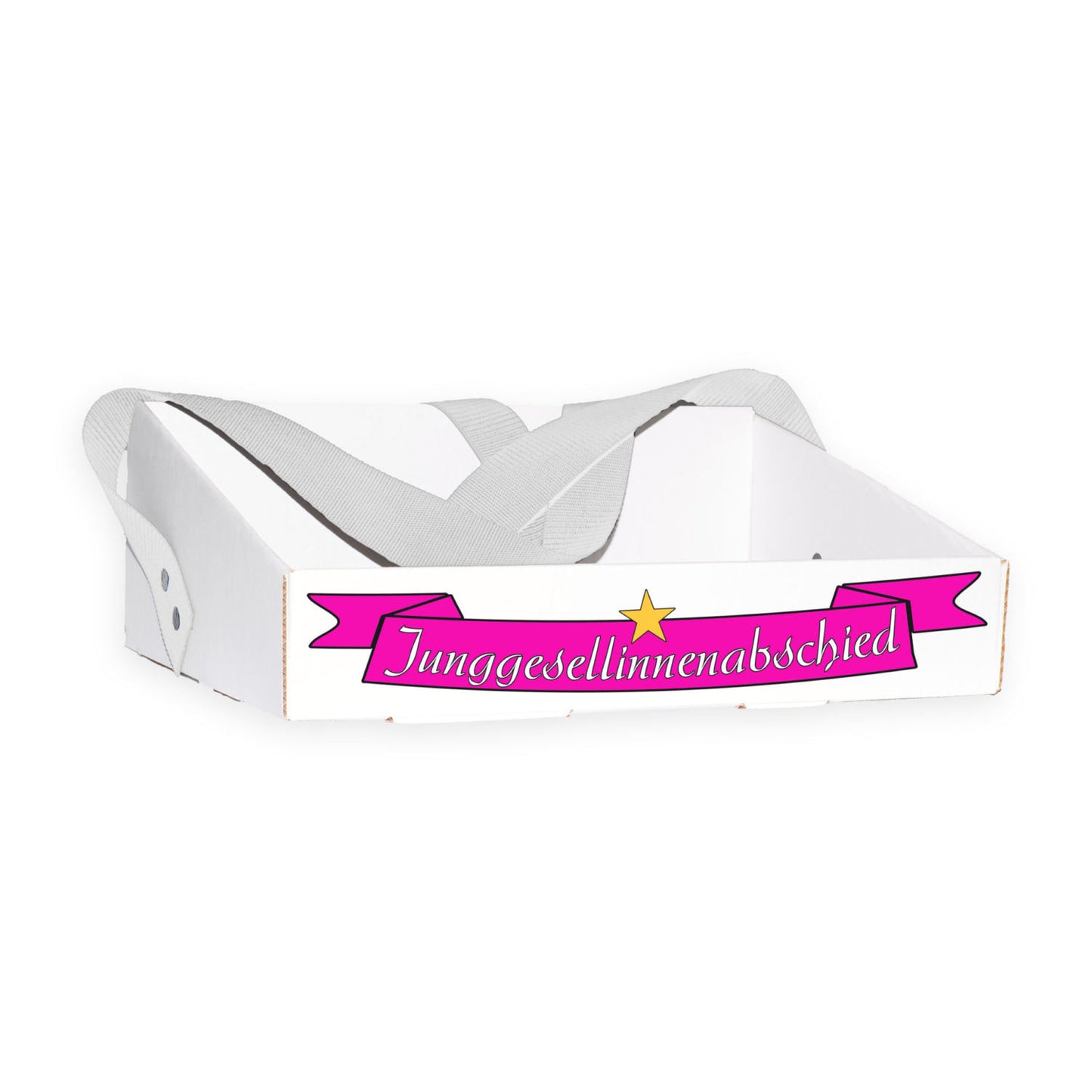 Bauchladen Banner für Junggesellinnenabschiede, pink mit dem Schriftzug „Junggesellinnenabschied“ und goldenem Stern. Hergestellt aus dicker Pappe mit stabiler Falttechnik, designed für hohen Tragekomfort und langlebig. Perfektes Accessoire für unvergessliche Feiern.
