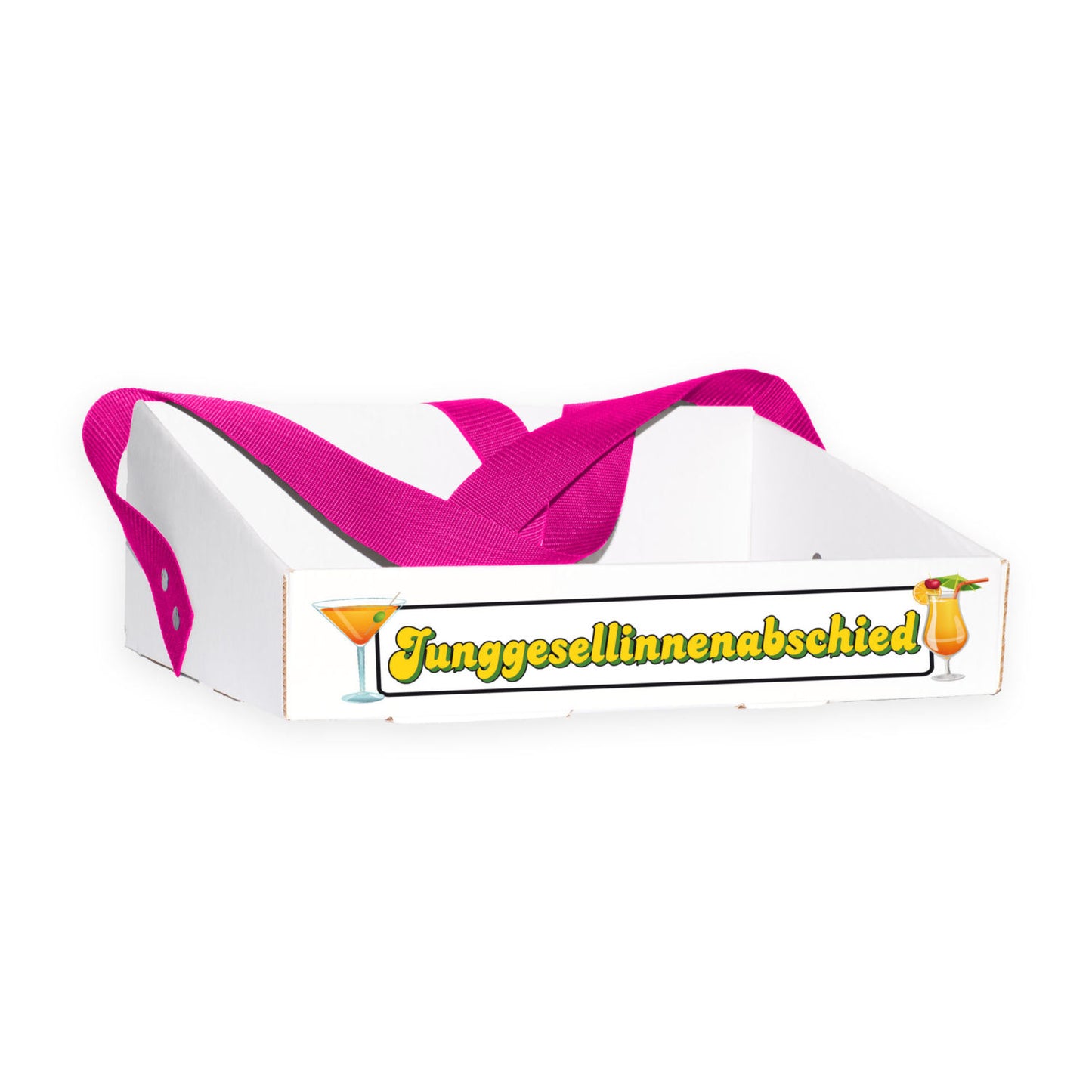 Bauchladen für den Junggesellinnenabschied mit Cocktail-Motiv und dem Schriftzug „Junggesellinnenabschied“ auf der Vorderseite. Der Bauchladen ist in freundlichen Farben gestaltet und ideal für feierwütige Gruppen, die Cocktails verkaufen und feiern möchten. Er bietet eine kostengünstige und stilvolle Möglichkeit, während der Party gut auszusehen.