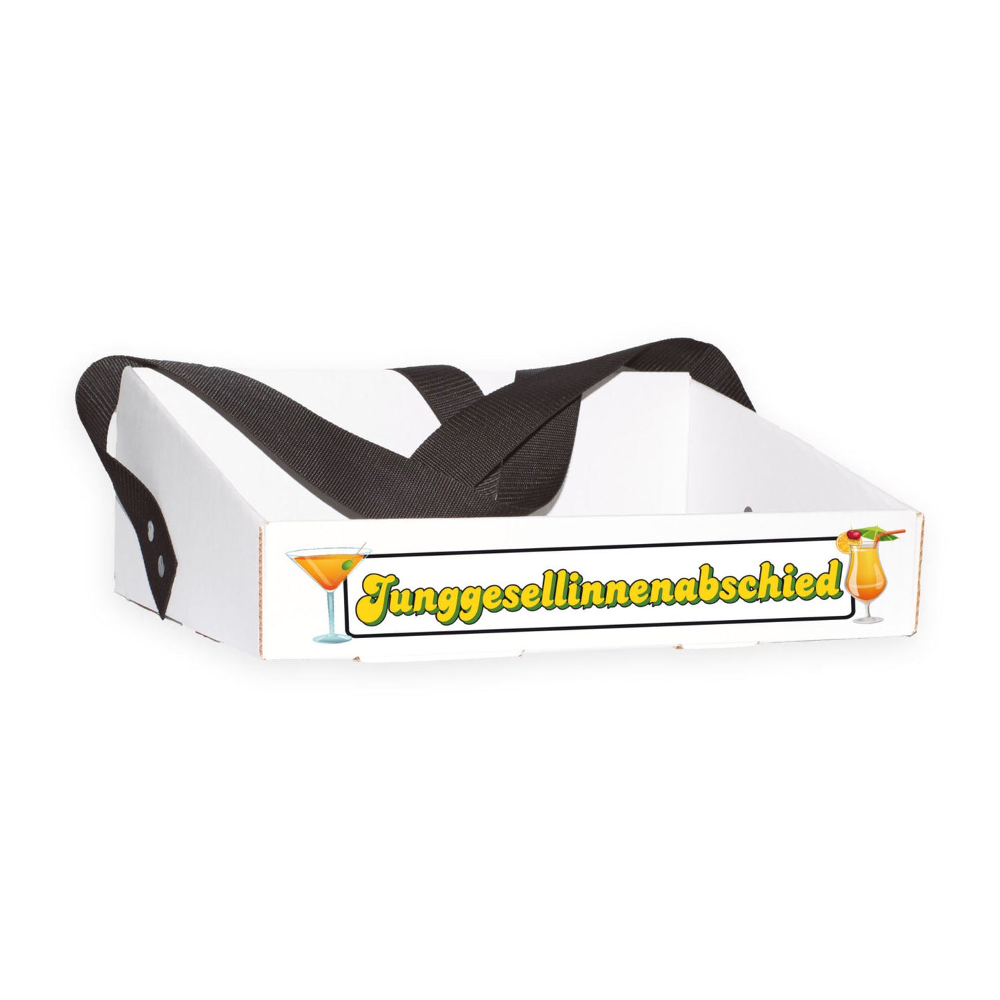 Bauchladen für den Junggesellinnenabschied mit Cocktail-Motiv und dem Schriftzug „Junggesellinnenabschied“ auf der Vorderseite. Der Bauchladen ist in freundlichen Farben gestaltet und ideal für feierwütige Gruppen, die Cocktails verkaufen und feiern möchten. Er bietet eine kostengünstige und stilvolle Möglichkeit, während der Party gut auszusehen.