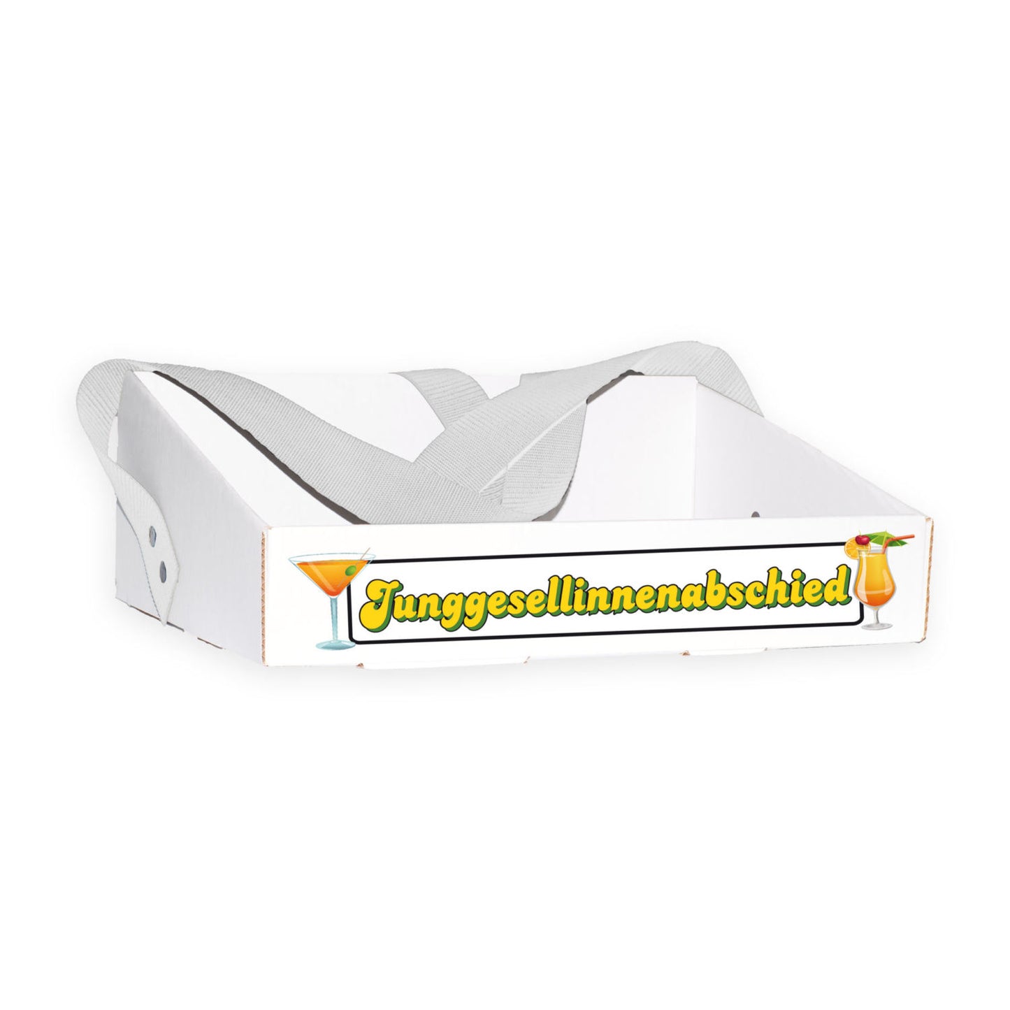 Bauchladen für den Junggesellinnenabschied mit Cocktail-Motiv und dem Schriftzug „Junggesellinnenabschied“ auf der Vorderseite. Der Bauchladen ist in freundlichen Farben gestaltet und ideal für feierwütige Gruppen, die Cocktails verkaufen und feiern möchten. Er bietet eine kostengünstige und stilvolle Möglichkeit, während der Party gut auszusehen.