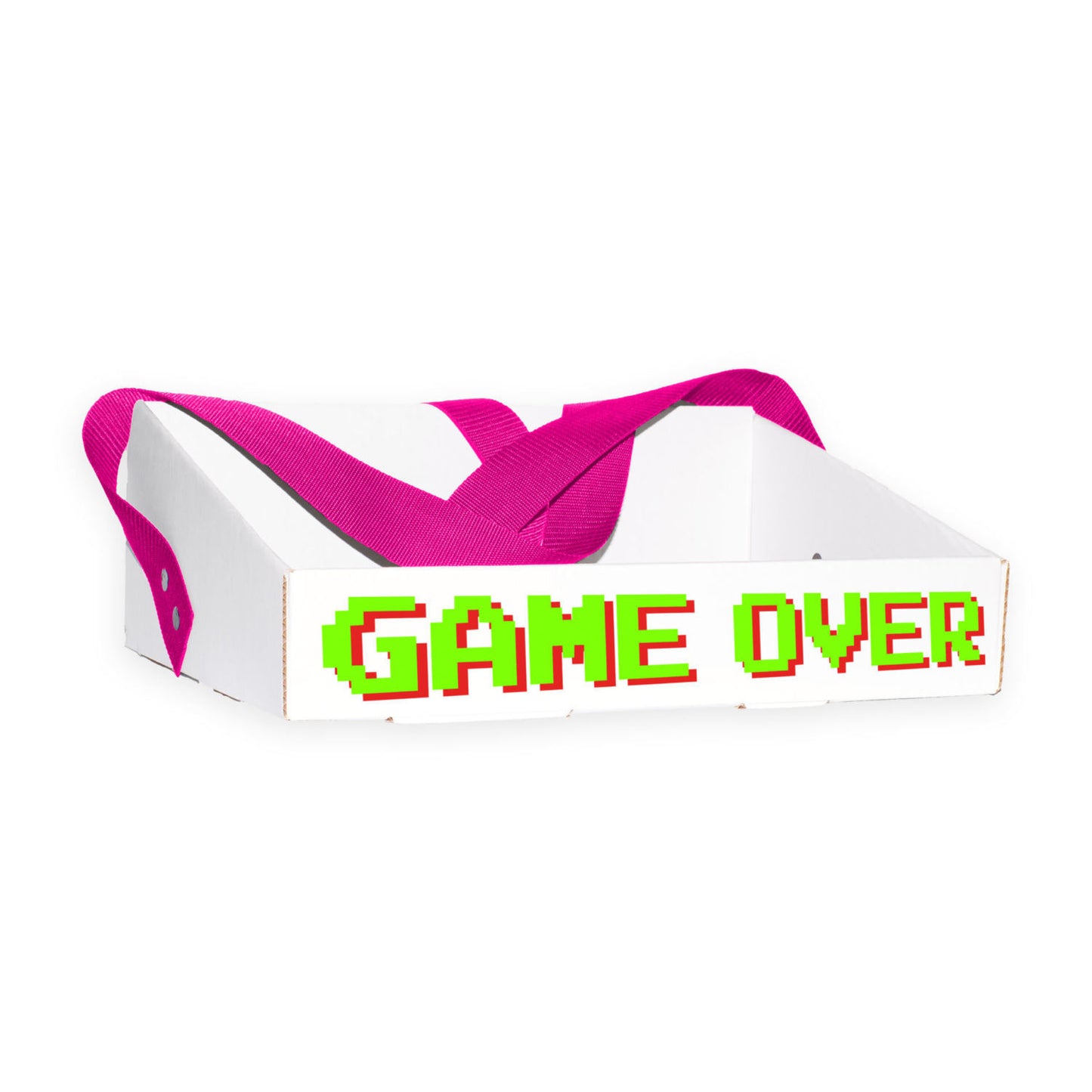 Bauchladen mit dem Motiv „GAME OVER“ im 80er Jahre Stil. Der Bauchladen besteht aus verstärktem Wellpappenkarton und verfügt über einen extra breiten Gurt, der angenehmes Tragen ohne Einschnüren ermöglicht. Das auffällige Design macht ihn zu einem idealen Accessoire für Junggesellenabschiede, sowohl für Männer als auch für Frauen.