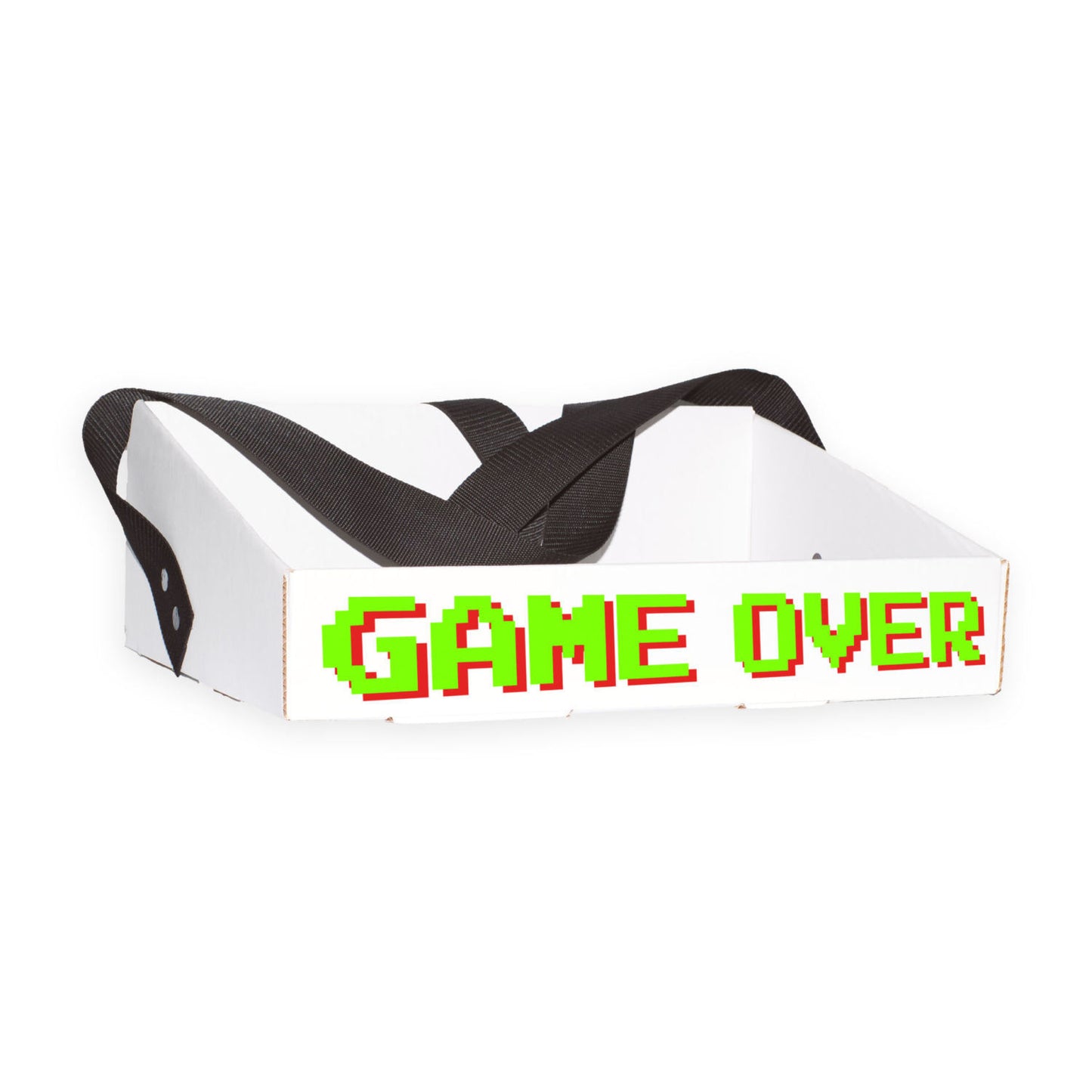Bauchladen mit dem Motiv „GAME OVER“ im 80er Jahre Stil. Der Bauchladen besteht aus verstärktem Wellpappenkarton und verfügt über einen extra breiten Gurt, der angenehmes Tragen ohne Einschnüren ermöglicht. Das auffällige Design macht ihn zu einem idealen Accessoire für Junggesellenabschiede, sowohl für Männer als auch für Frauen.