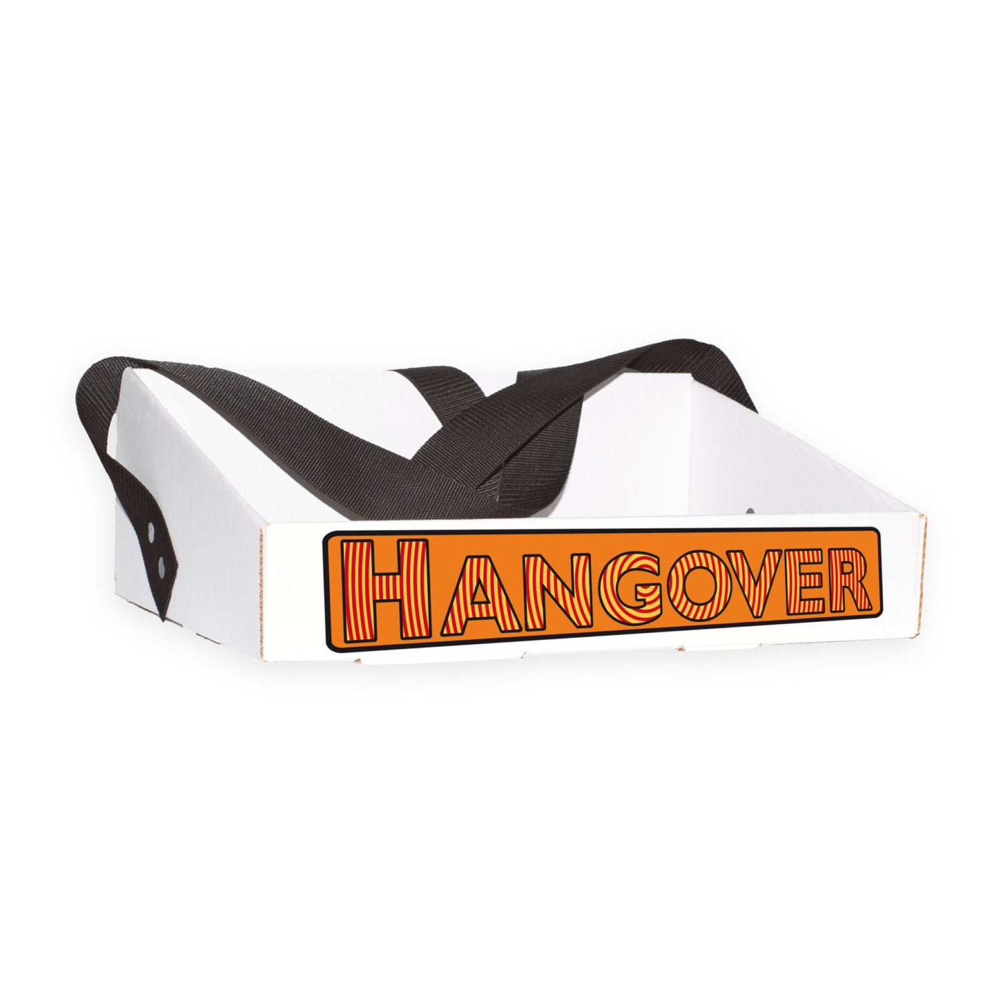 Bauchladen mit dem Motiv „Hangover“ in orange, ausgestattet mit einer Zirkelgrafik, die an den gleichnamigen Film erinnert. Der Bauchladen ist stabil und aus verstärktem Wellpappenkarton gefertigt. Er hat einen extra breiten Gurt für hohen Tragekomfort und wird sowohl von Frauen als auch von Männern bei Junggesellenabschieden verwendet.