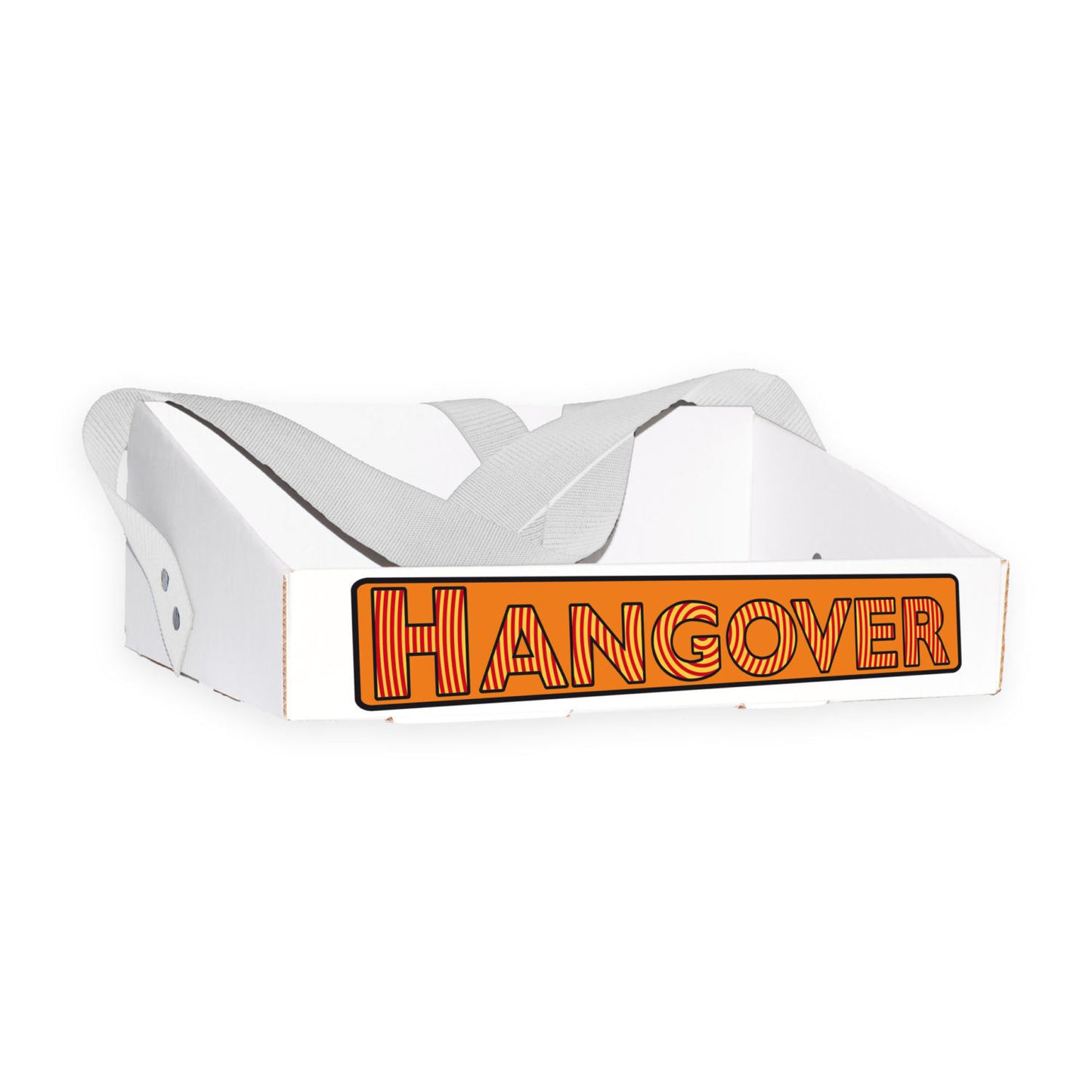 Bauchladen mit dem Motiv „Hangover“ in orange, ausgestattet mit einer Zirkelgrafik, die an den gleichnamigen Film erinnert. Der Bauchladen ist stabil und aus verstärktem Wellpappenkarton gefertigt. Er hat einen extra breiten Gurt für hohen Tragekomfort und wird sowohl von Frauen als auch von Männern bei Junggesellenabschieden verwendet.