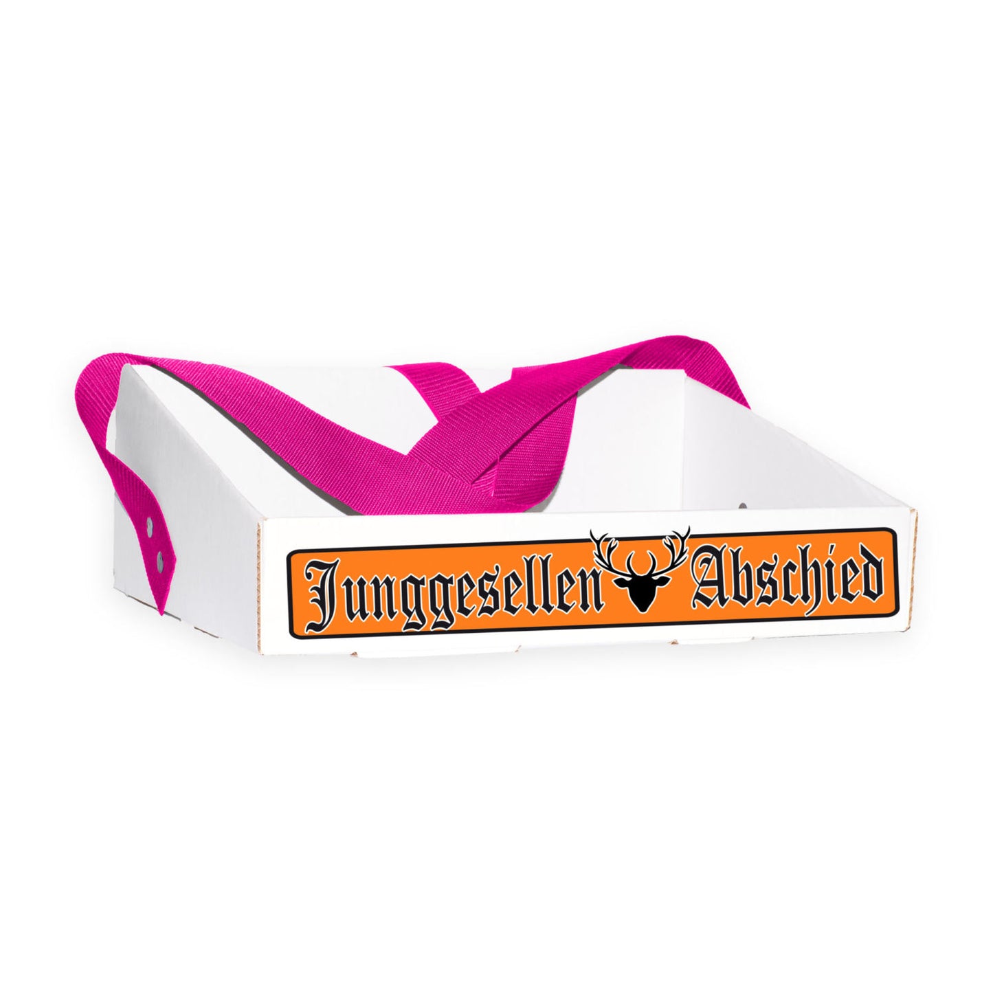 Bauchladen 'Hirschgeweih' in knalligem Orange mit stabilem Design aus Wellpappenkarton. Motiv eines Hirsches mit Geweih und 'Junggesellen Abschied'-Schriftzug. Breiter Gurt für hohen Tragekomfort, passende T-Shirts und Hüte im Shop erhältlich.