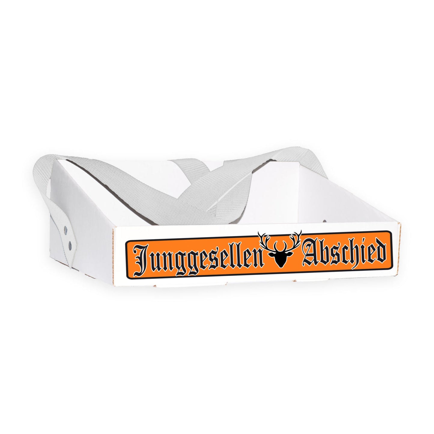 Bauchladen 'Hirschgeweih' in knalligem Orange mit stabilem Design aus Wellpappenkarton. Motiv eines Hirsches mit Geweih und 'Junggesellen Abschied'-Schriftzug. Breiter Gurt für hohen Tragekomfort, passende T-Shirts und Hüte im Shop erhältlich.