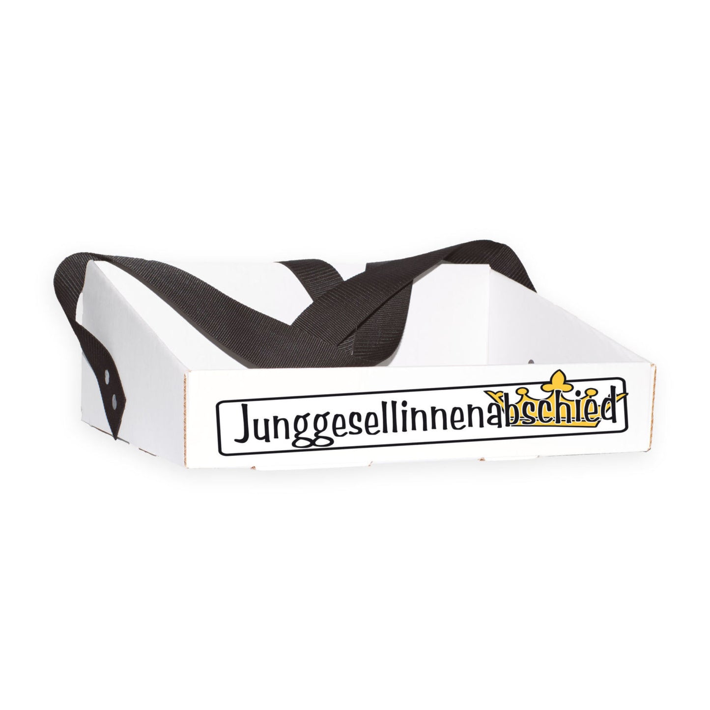 Bauchladen für den Junggesellinnenabschied mit verspieltem Schriftzug „Junggesellinnenabschied“ und einer eingearbeiteten Krone. Der Pappbauchladen ist ein Damenmodell, dessen Gurtfarbe individuell anpassbar ist. Er eignet sich hervorragend für eine unterhaltsame Verkaufstour, um Scherzartikel anzubieten und Spaß zu haben. Günstig in der Anschaffung, jedoch qualitativ hochwertig.