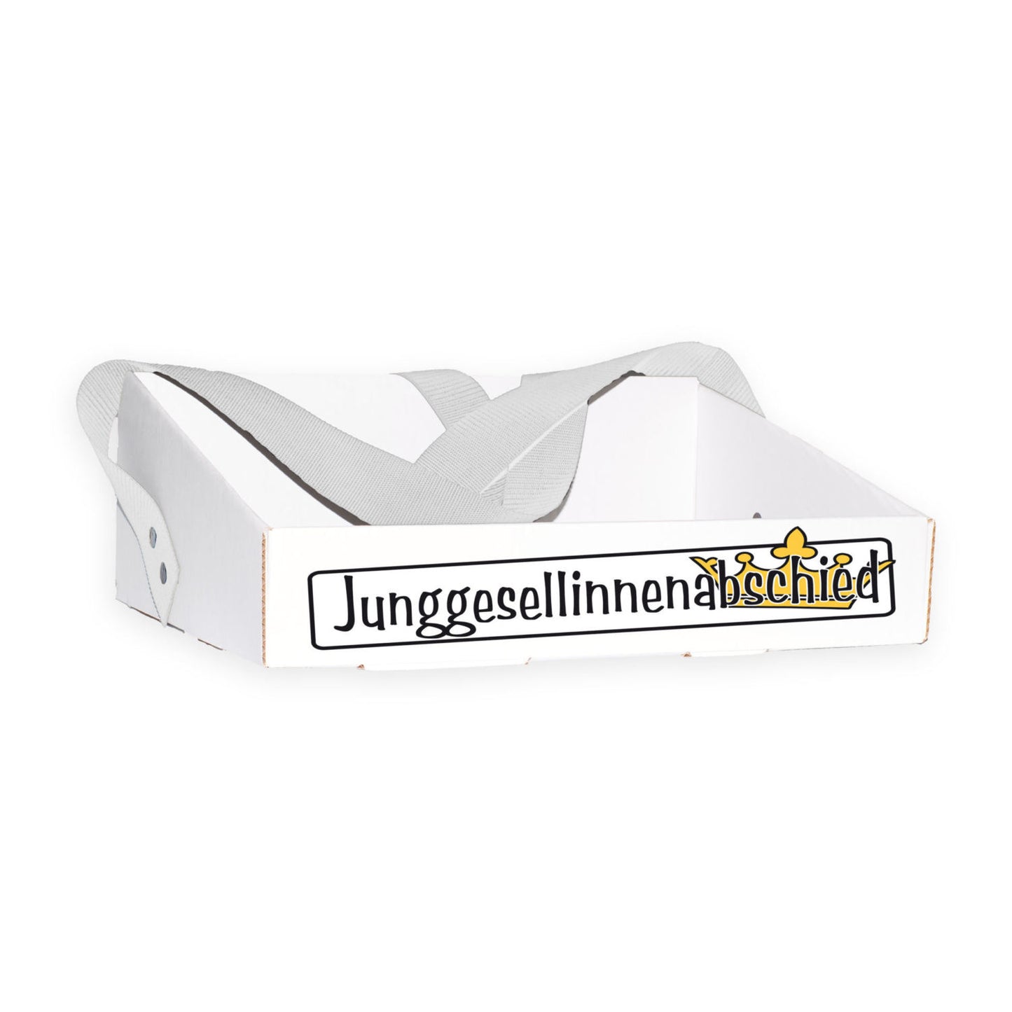 Bauchladen für den Junggesellinnenabschied mit verspieltem Schriftzug „Junggesellinnenabschied“ und einer eingearbeiteten Krone. Der Pappbauchladen ist ein Damenmodell, dessen Gurtfarbe individuell anpassbar ist. Er eignet sich hervorragend für eine unterhaltsame Verkaufstour, um Scherzartikel anzubieten und Spaß zu haben. Günstig in der Anschaffung, jedoch qualitativ hochwertig.