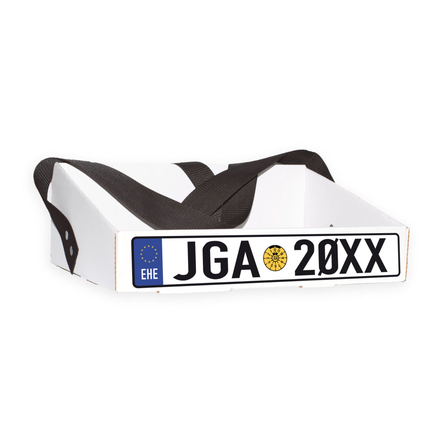 Bauchladen 'Kfz Kennzeichen' mit EU-Logo und individueller Jahreszahl. Stabile Konstruktion aus Wellpappenkarton, breiter Gurt für hohen Tragekomfort, ideal für Junggesellenabschiede.