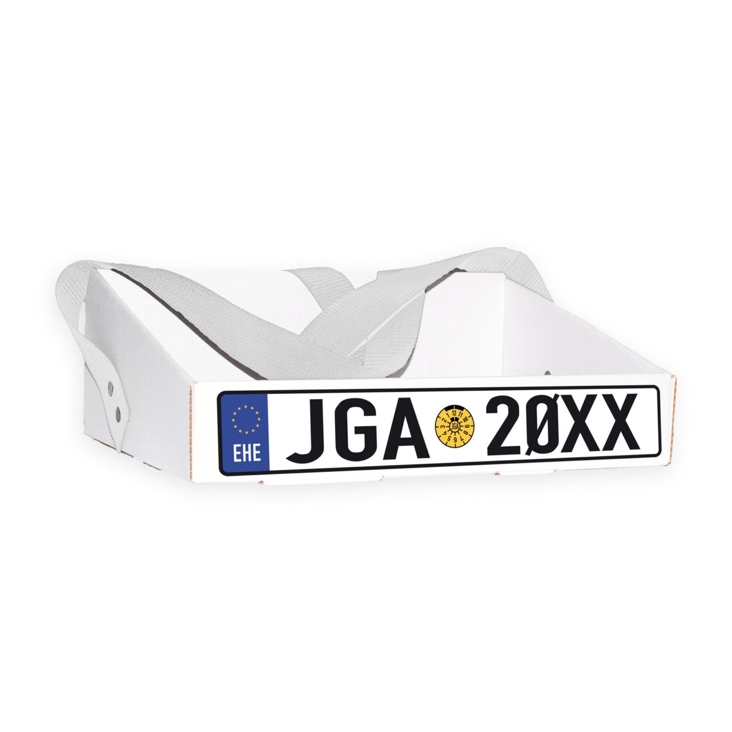 Bauchladen 'Kfz Kennzeichen' mit EU-Logo und individueller Jahreszahl. Stabile Konstruktion aus Wellpappenkarton, breiter Gurt für hohen Tragekomfort, ideal für Junggesellenabschiede.